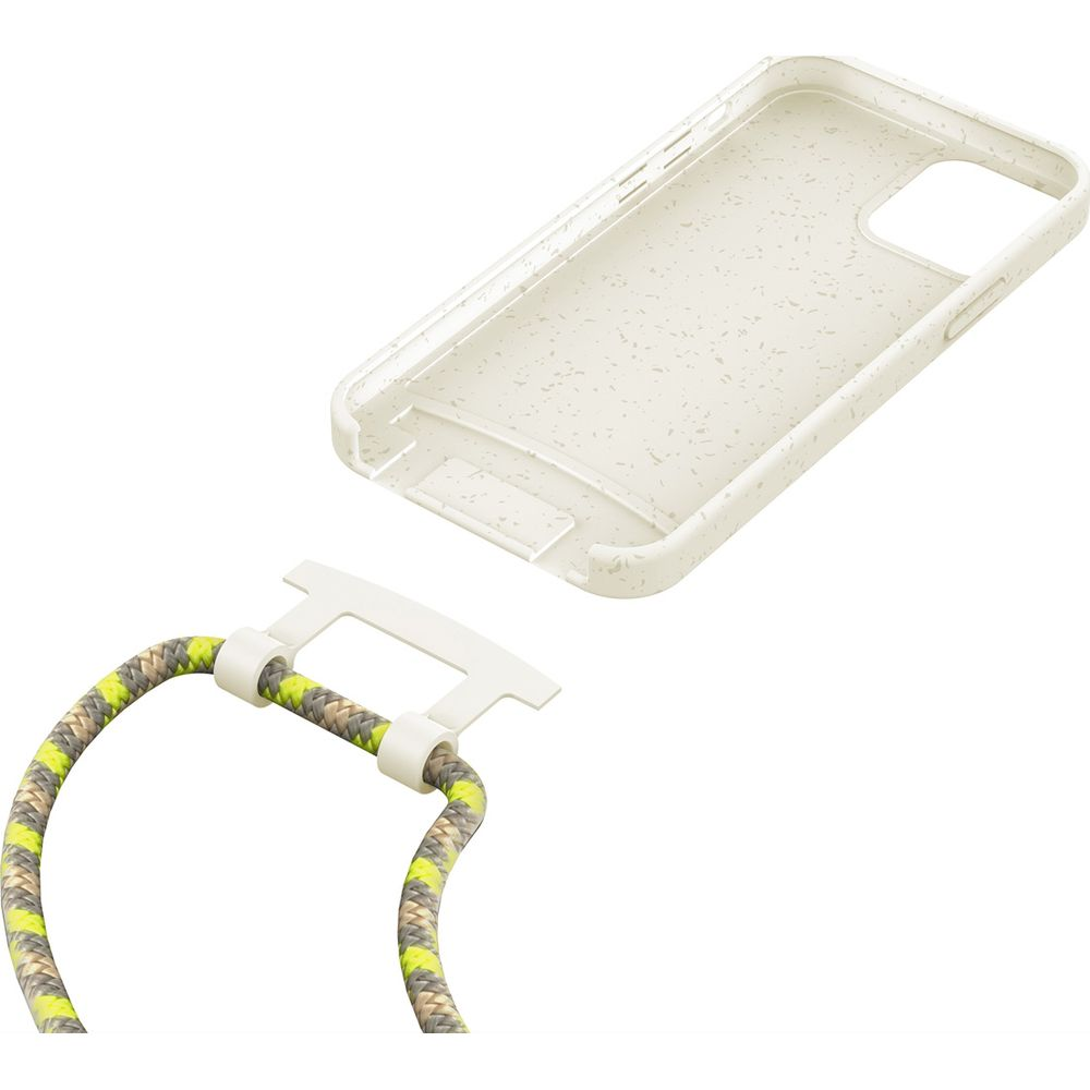 Beige Handyhülle mit recycelter Optik und einem geflochtenen, gelb-grauen Tragegurt mit weißer Halterung.