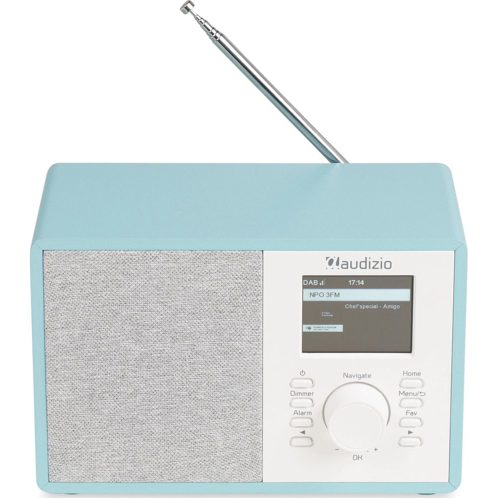 Radio Audizio azul turquesa con antena extensible, altavoz de tela gris y panel de control blanco con pantalla.