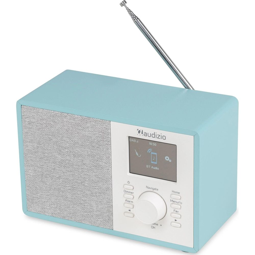 Una radio Audizio azul claro con antena extensible, panel de control blanco y rejilla de altavoz gris sobre fondo blanco.