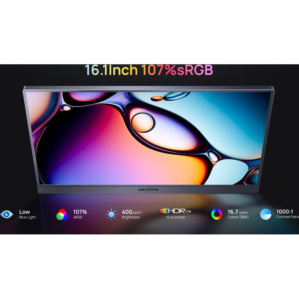 Ekranında renkli su kabarcıkları olan ve altında teknik simgeler bulunan 16.1 inç taşınabilir monitör.