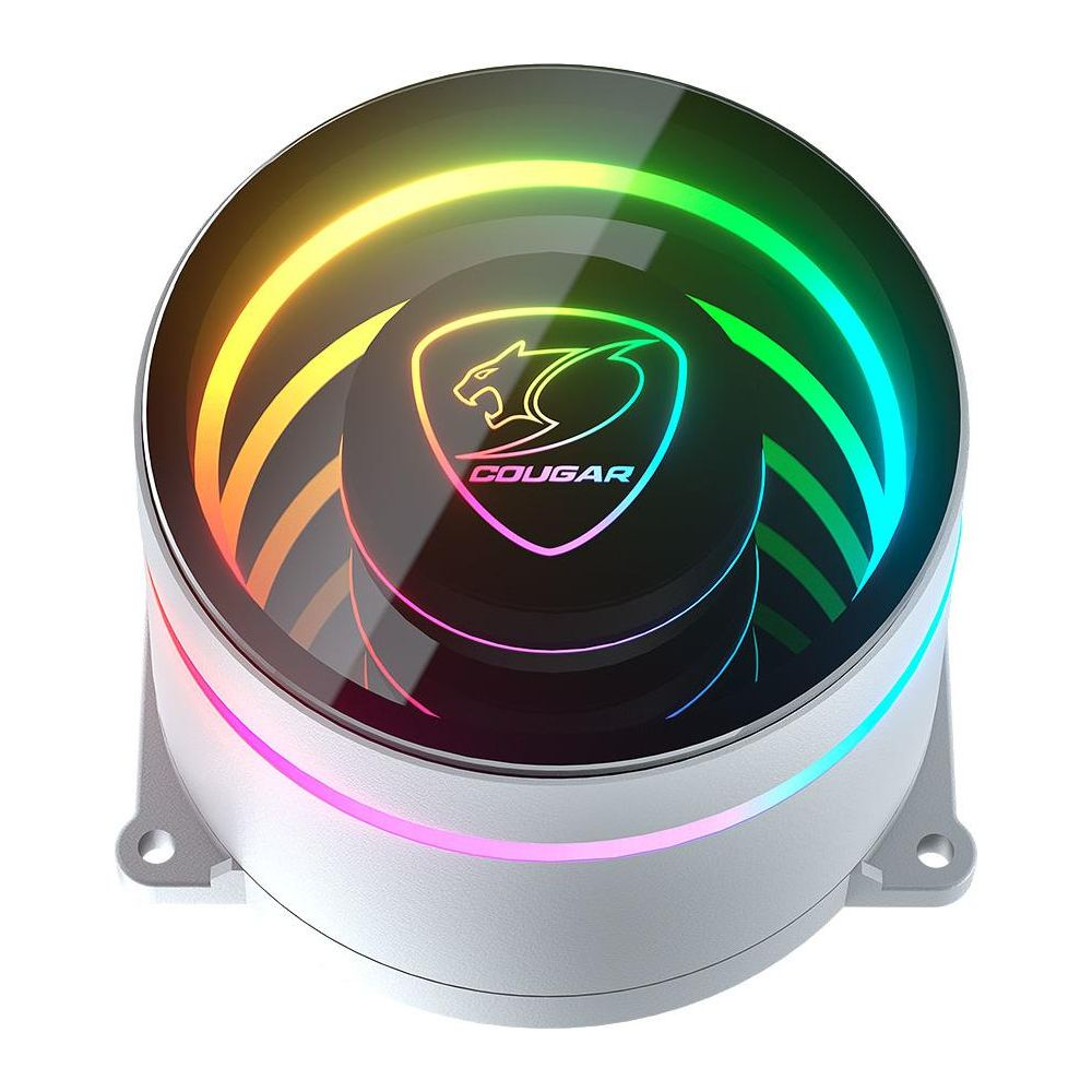 Runder silberner CPU-Kühler mit bunten RGB-Leuchtringen und Cougar-Logo auf dem schwarzen Deckel.