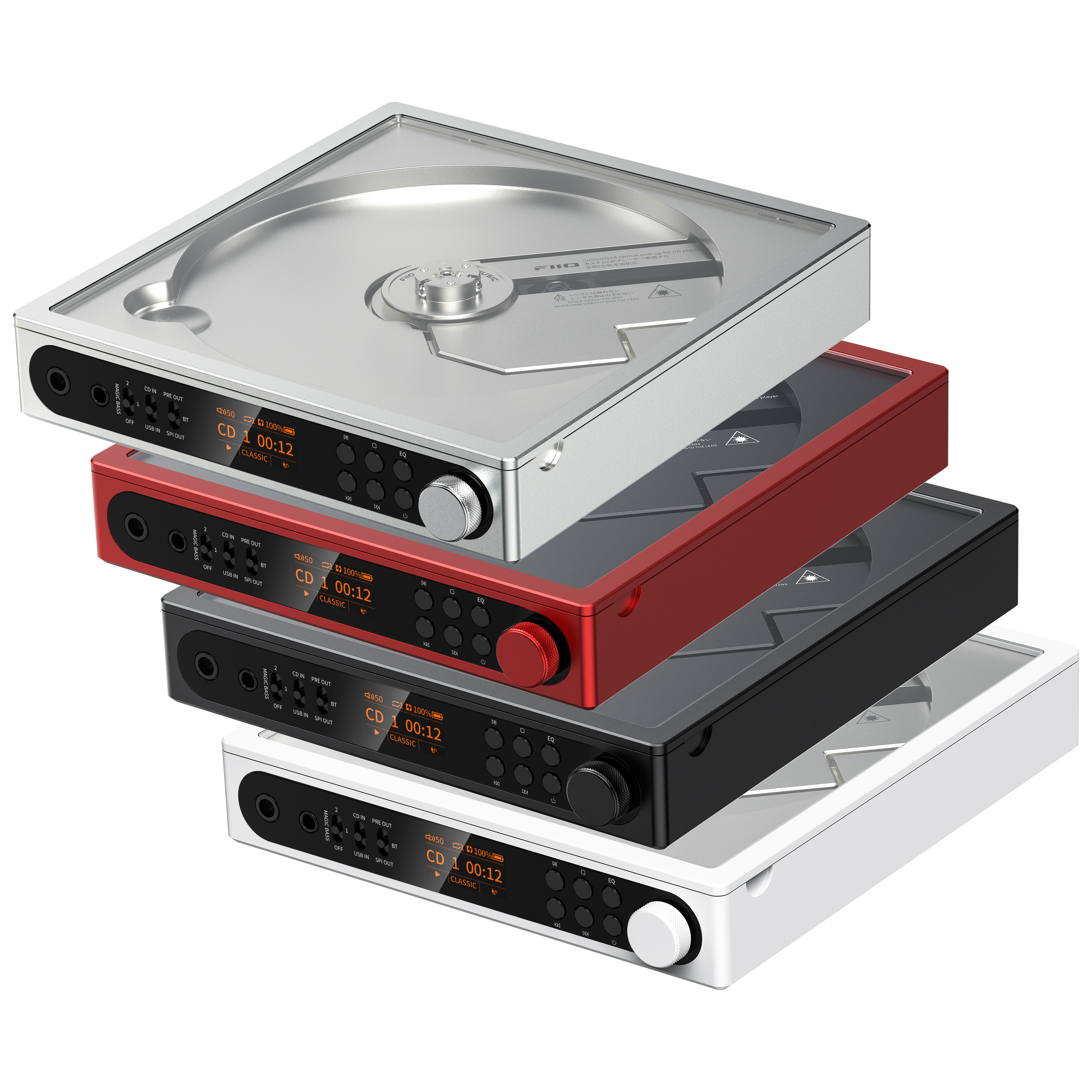 Una pila de cuatro reproductores de CD portátiles modernos en plata, rojo, negro y blanco, con pantallas digitales y controles.