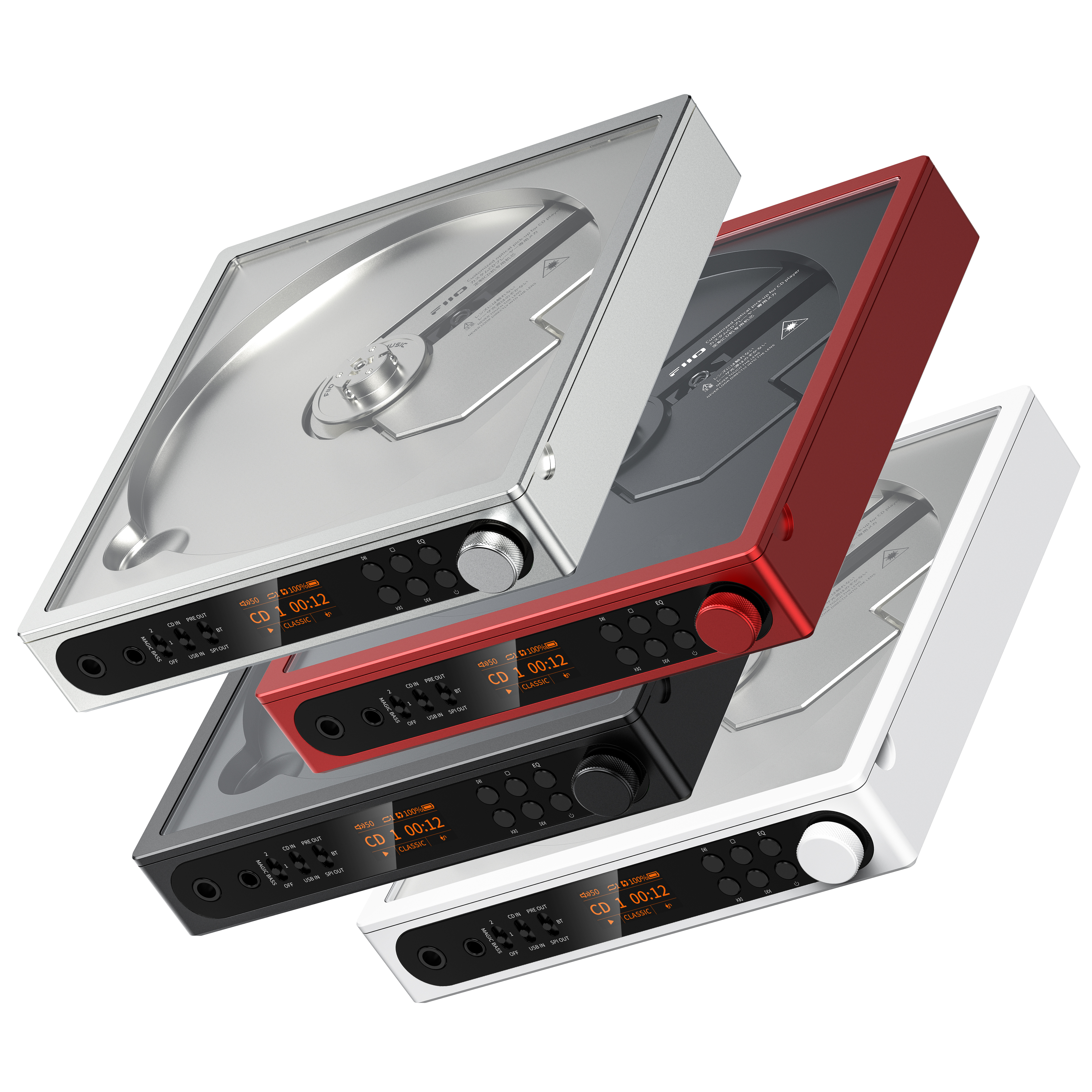 Cuatro reproductores de CD compactos en plata, rojo, negro y blanco apilados con pantallas digitales iluminadas y botones.