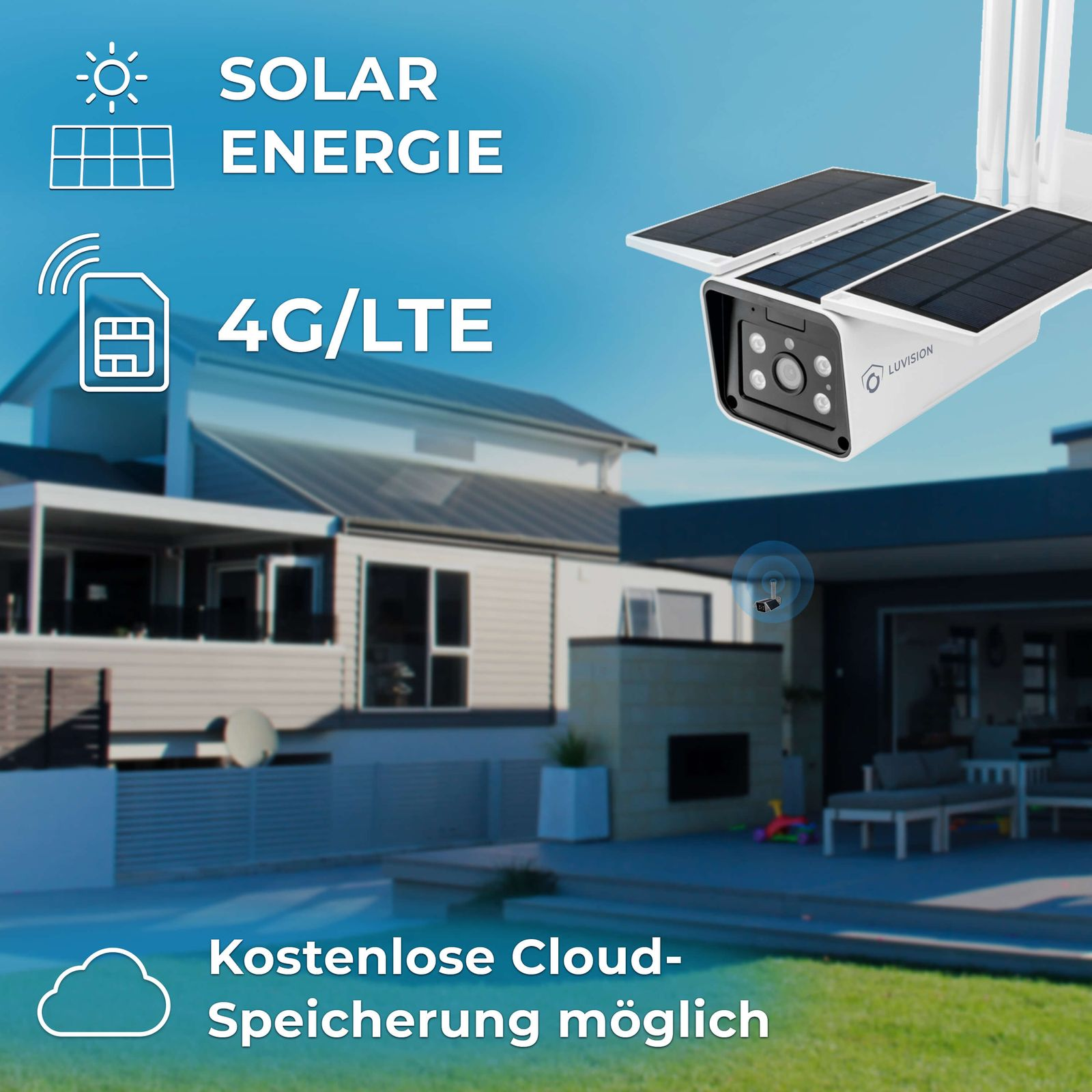Solarbetriebene 4G-Überwachungskamera vor einem modernen Haus mit Pool.