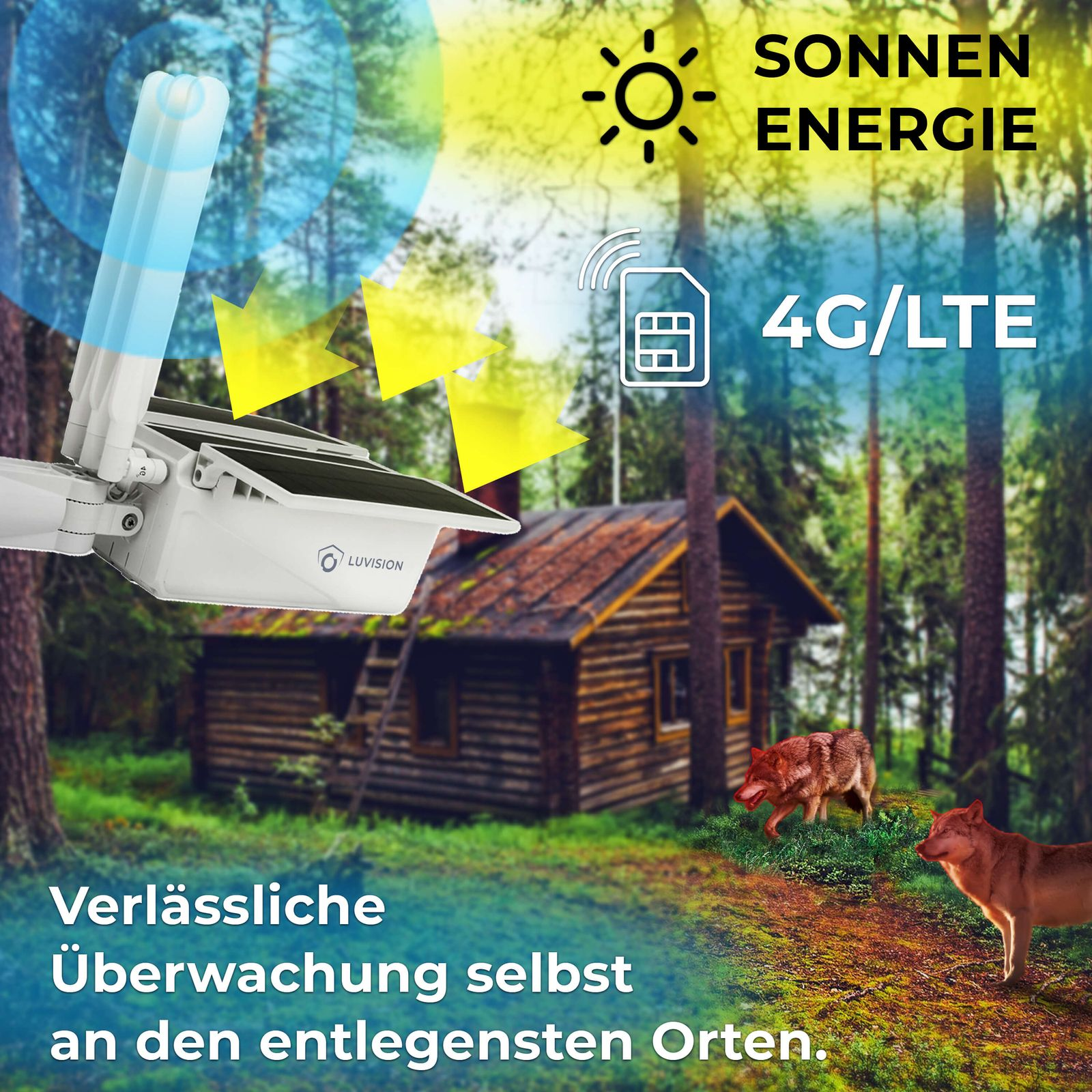 Solarbetriebene 4G-Überwachungskamera vor einer Holzhütte im Wald mit zwei Wölfen.