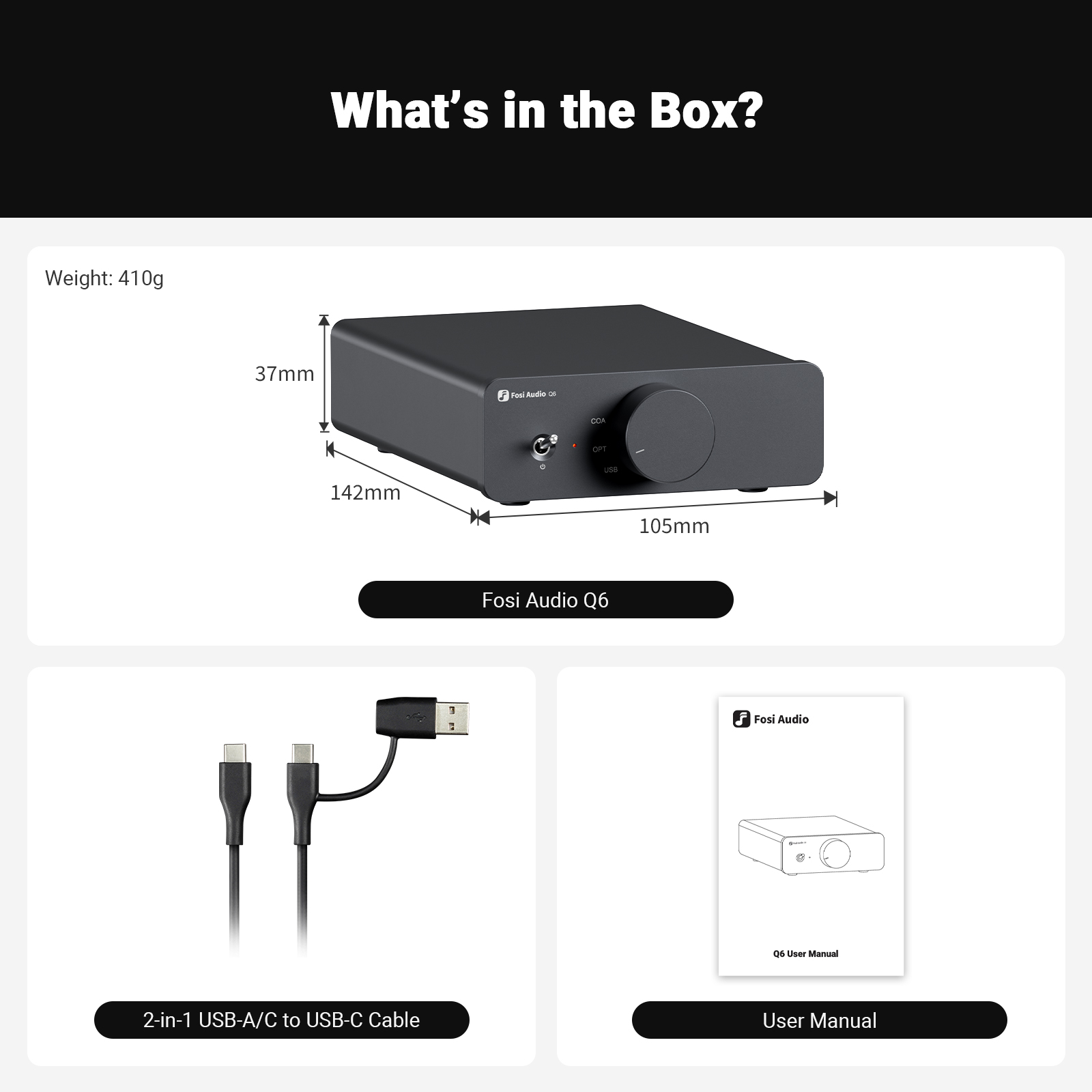 Obraz przedstawia Fosi Audio Q6, kabel USB oraz instrukcję obsługi z wymiarami.