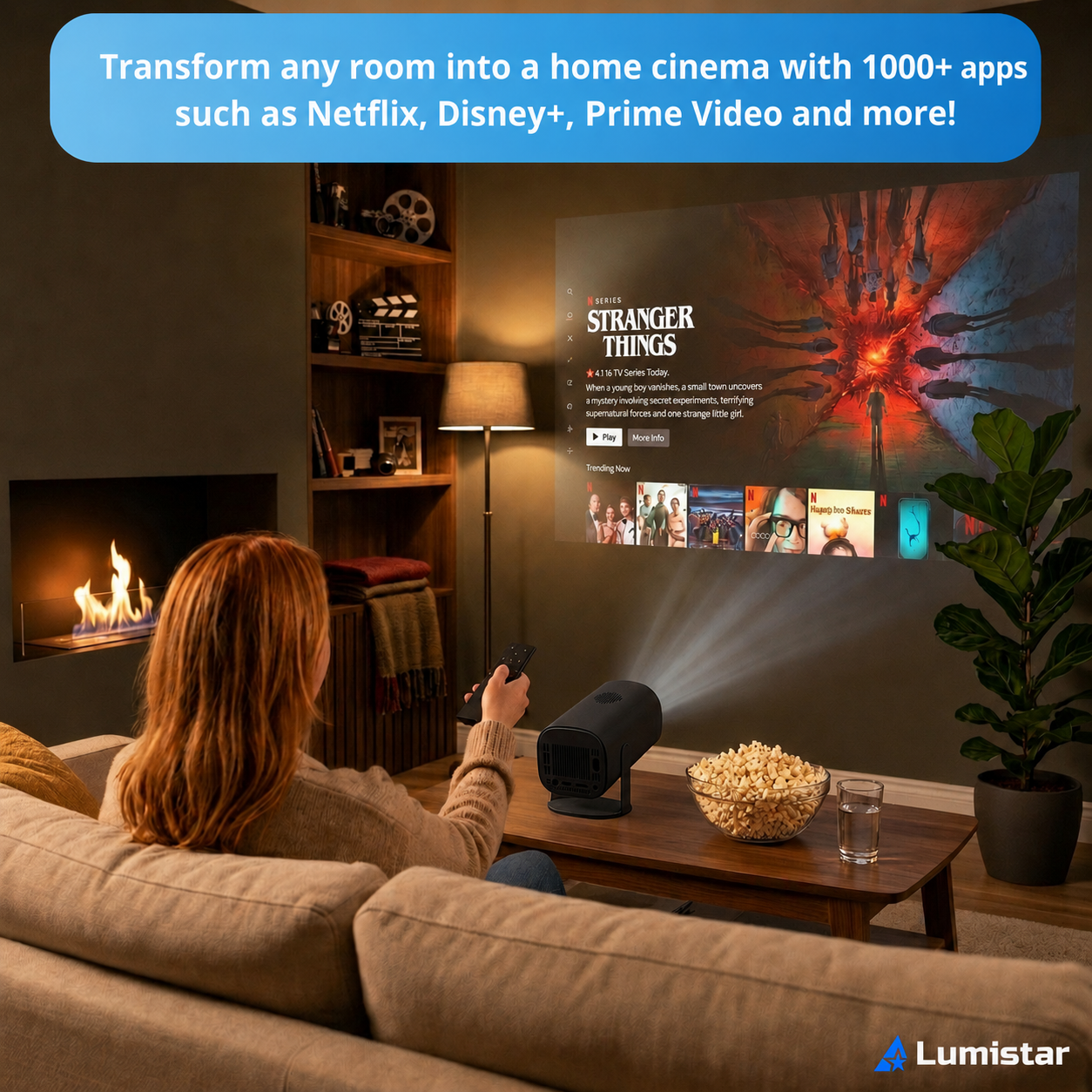 A woman sits on a sofa watching Netflix with a home cinema projector in a cozy living room.