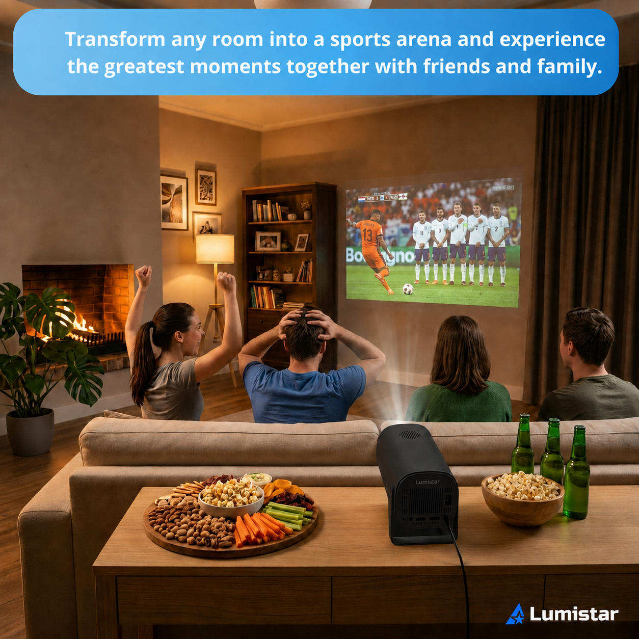 People watch a soccer match projected on a wall in a cozy living room, with snacks and drinks.