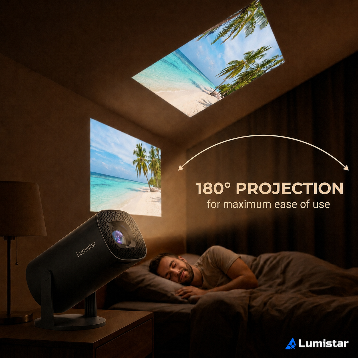 A Lumistar projector on a nightstand projects a tropical beach scene onto the ceiling and wall while a man sleeps.