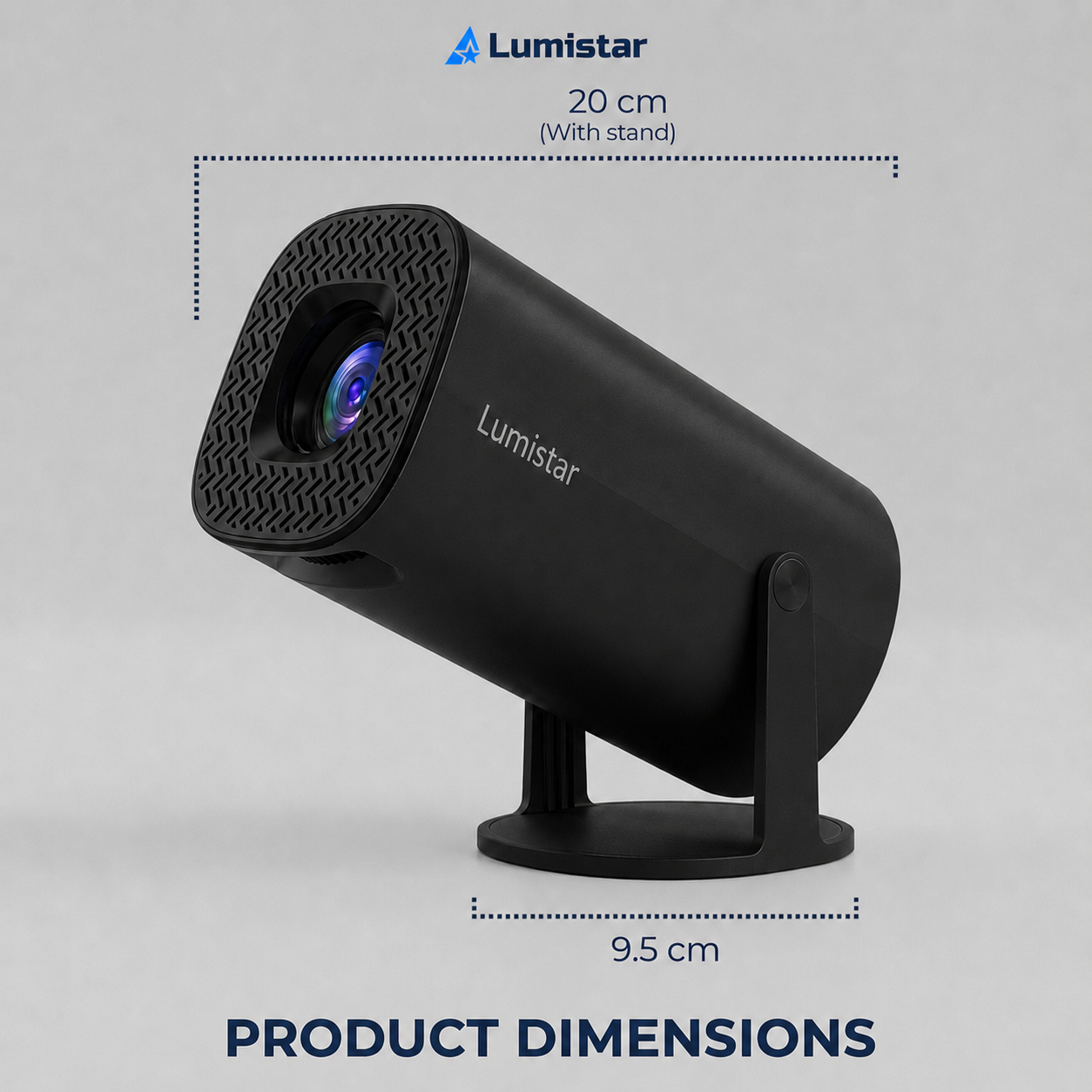 Black Lumistar projector on a stand, showing dimensions of 20 cm length and 9.5 cm base diameter.