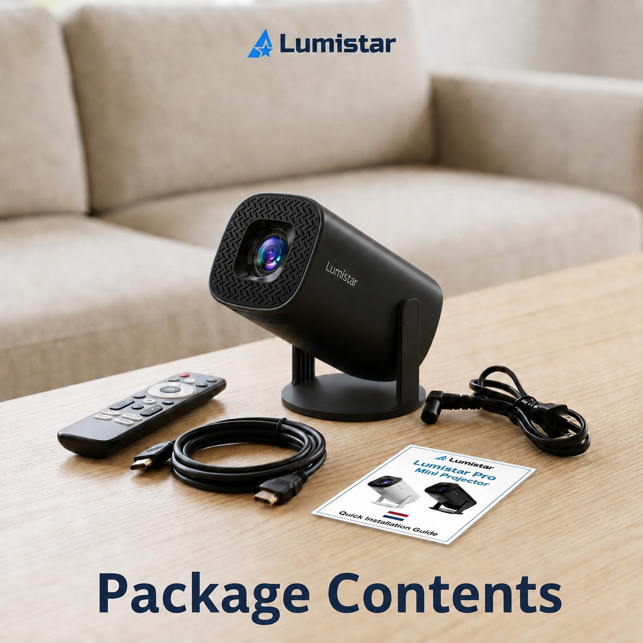 Lumistar mini projektor távirányítóval, kábelekkel és kézikönyvvel.