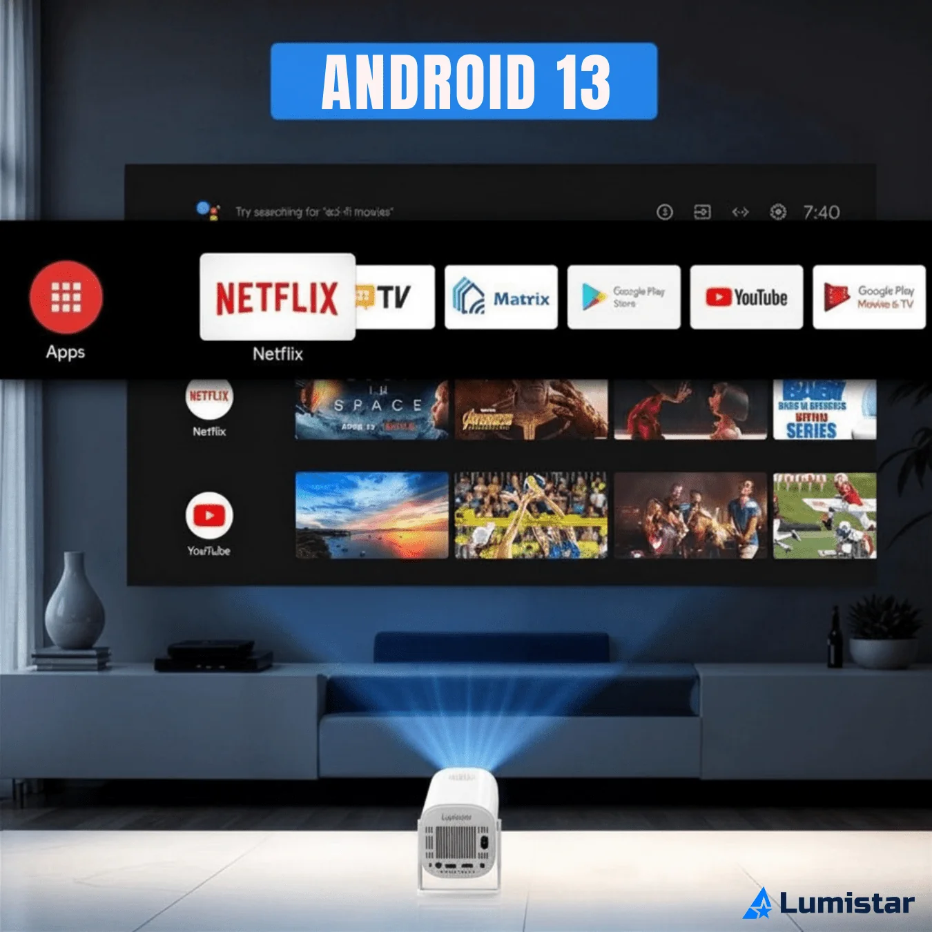 A white projector projects an Android 13 smart TV interface onto a wall, showing apps like Netflix and YouTube.