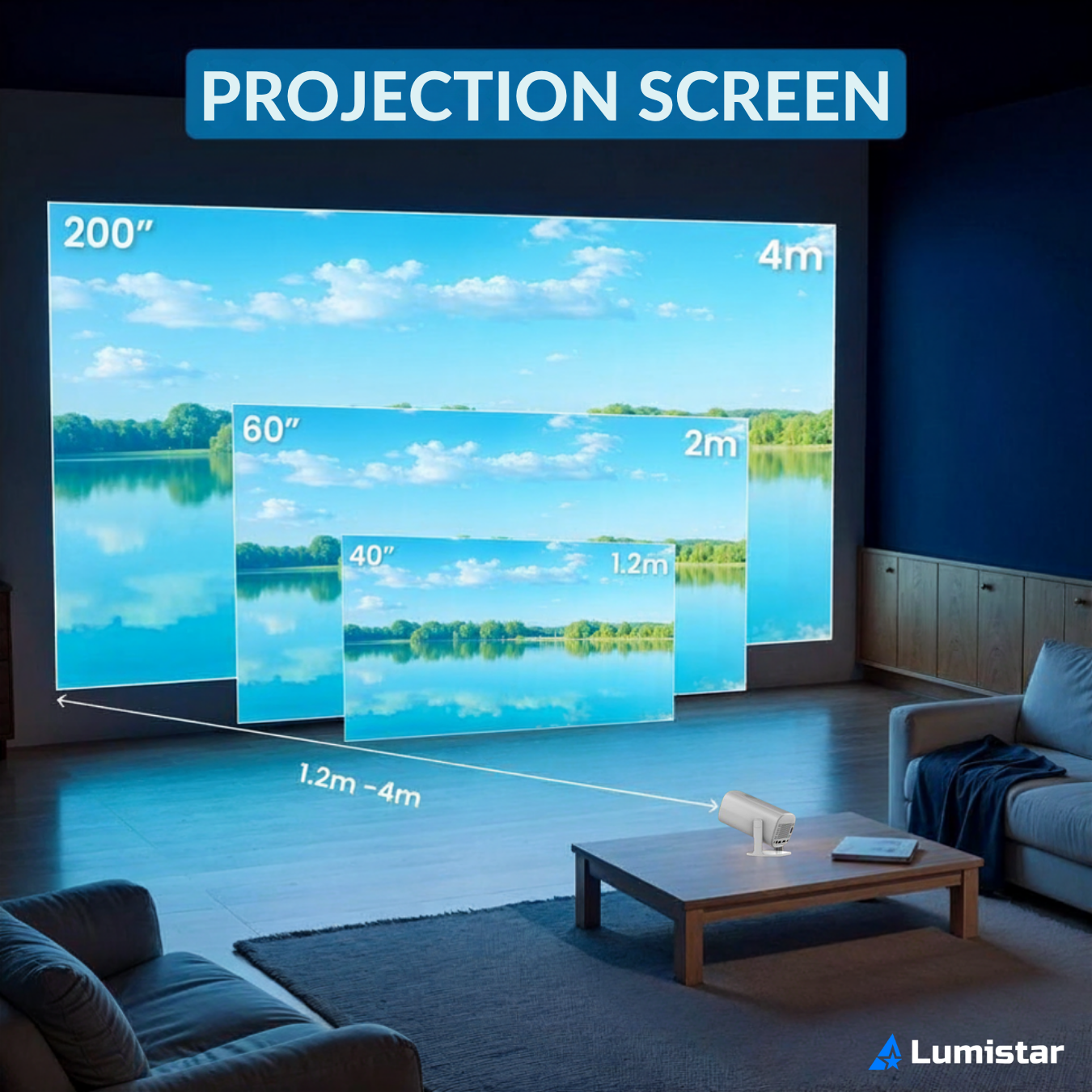 A projector displays various screen sizes with a landscape image on a living room wall.