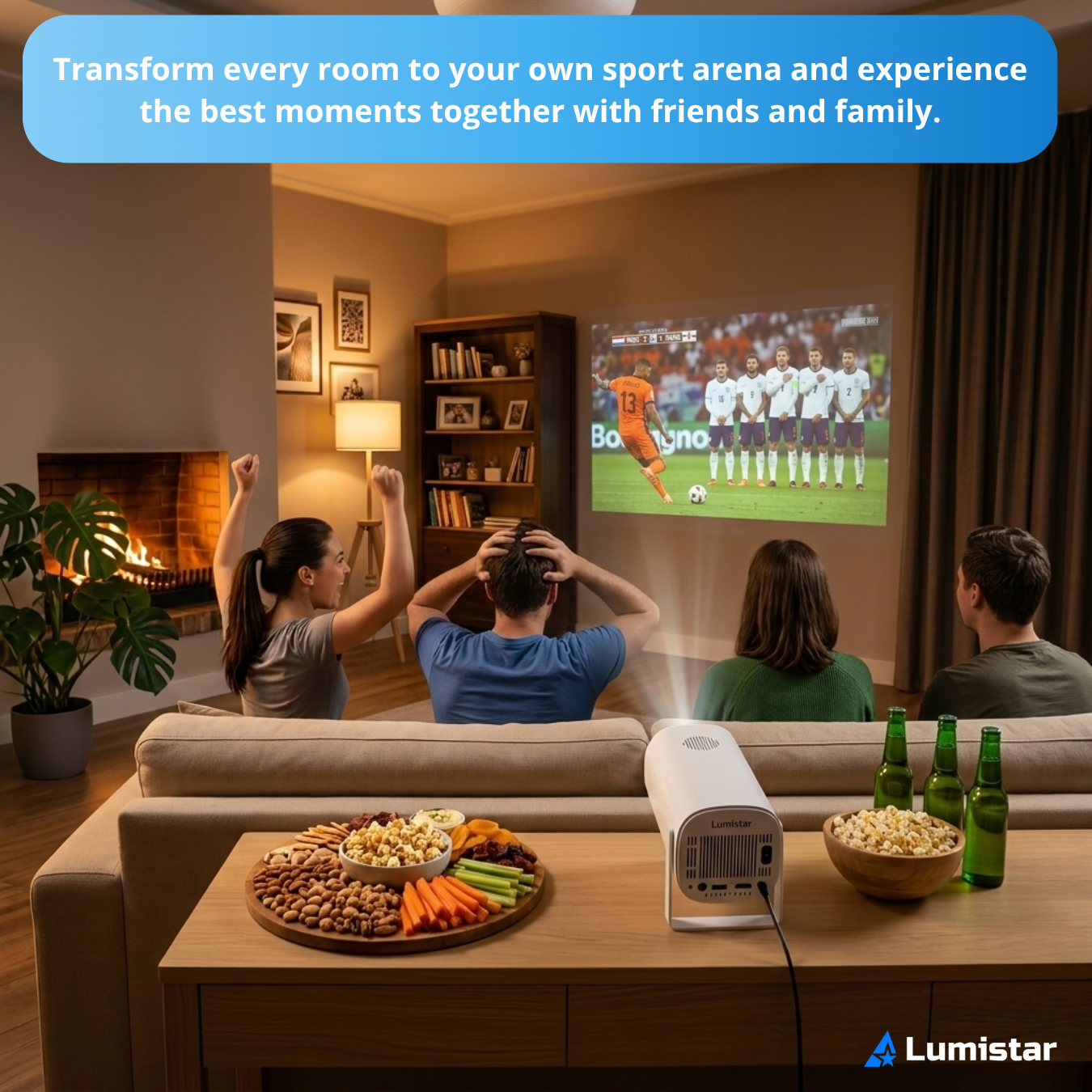 Friends watching football on a projector screen in a living room with snacks on the table.