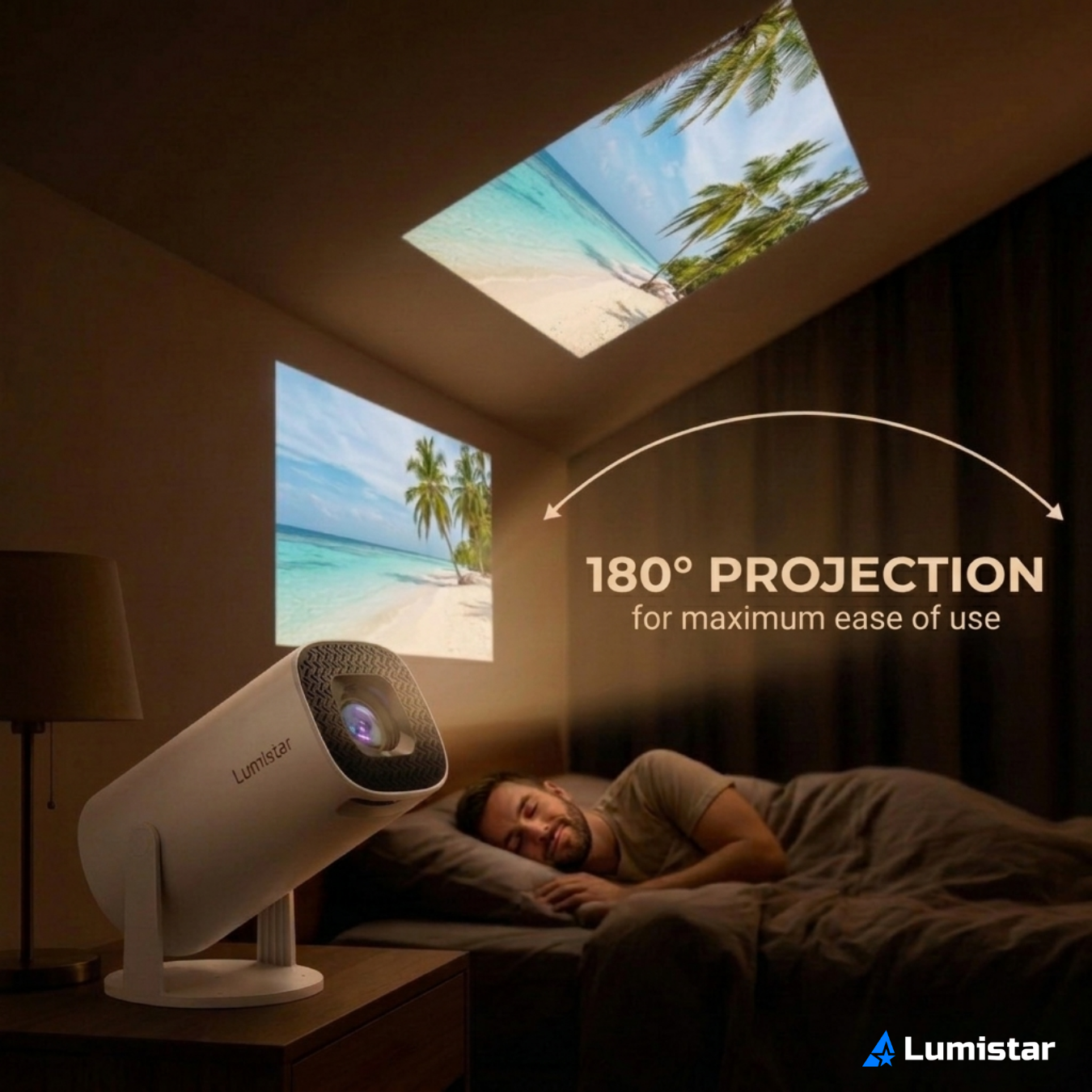 A projector on a nightstand projects a tropical beach image onto the ceiling while a man sleeps.