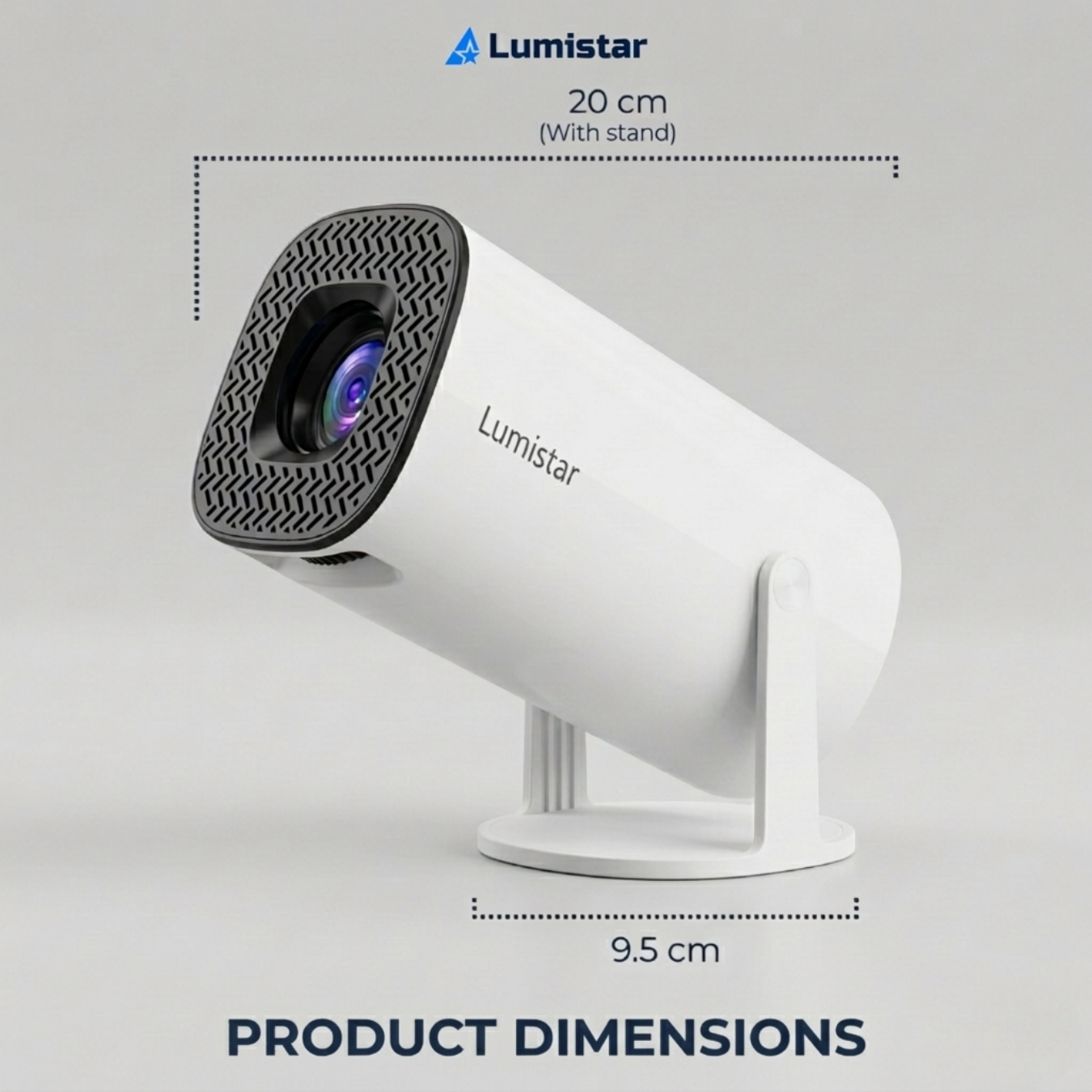 White Lumistar projector with stand, 20 cm long and 9.5 cm wide.