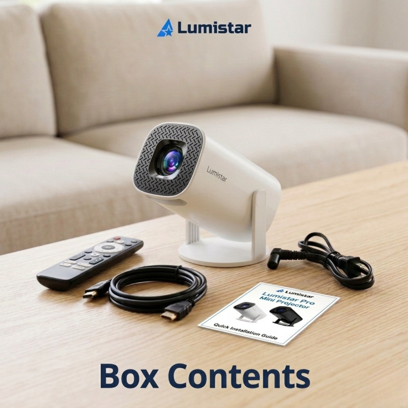 Un mini proyector blanco Lumistar con control remoto, cables y manual en una mesa de madera frente a un sofá.