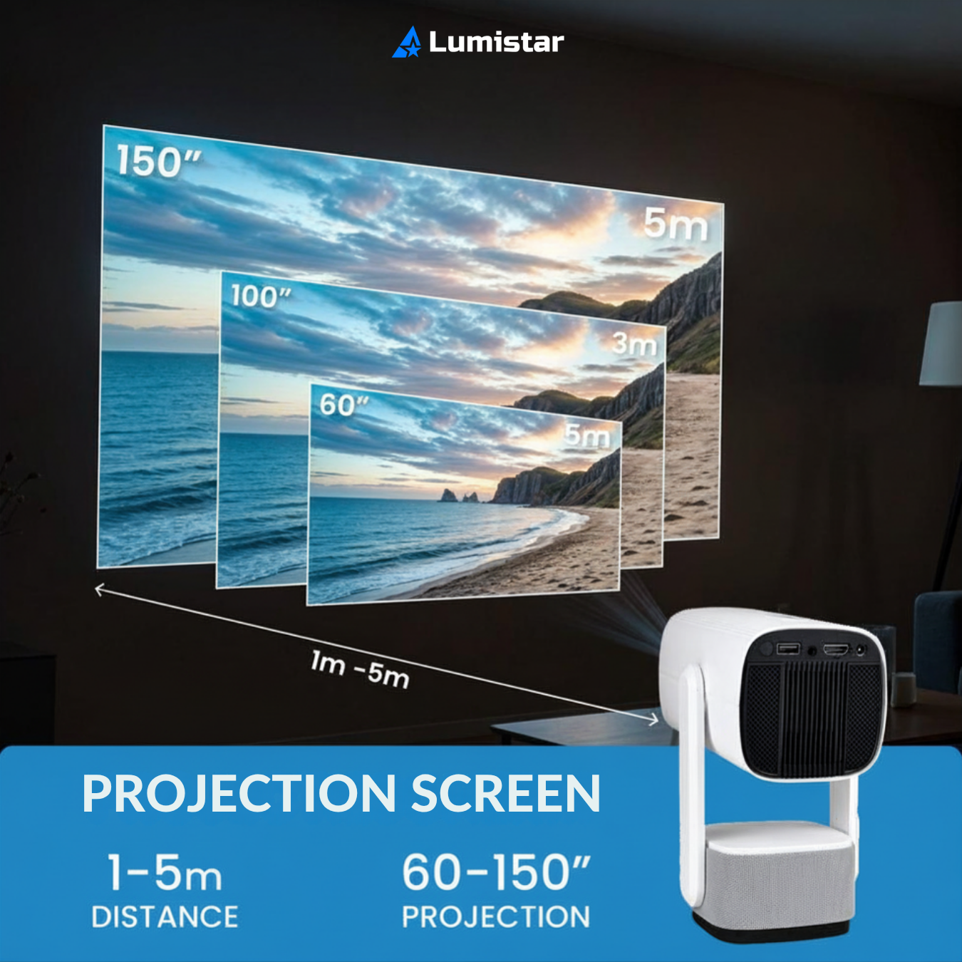 Weißer Lumistar Projektor zeigt verschiedene Bildschirmgrößen von 60 bis 150 Zoll an einer Wand.