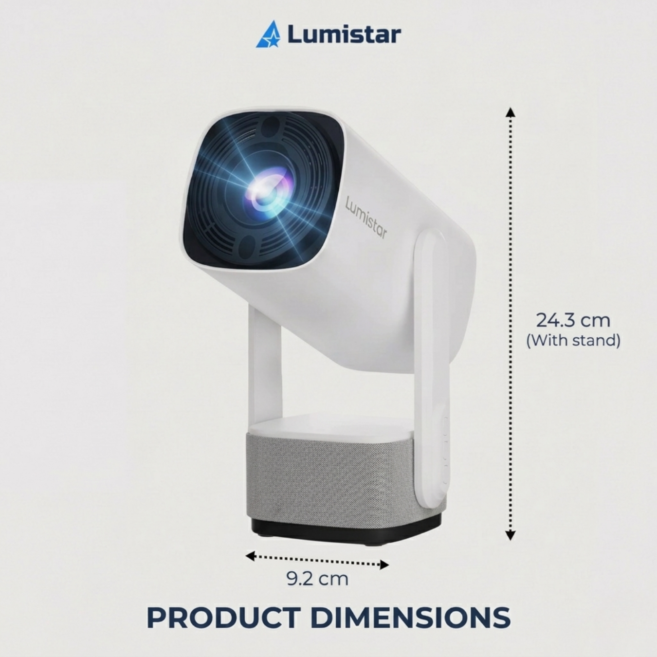 Weißer Lumistar Projektor auf Ständer mit Maßen von 24,3 cm Höhe und 9,2 cm Breite.