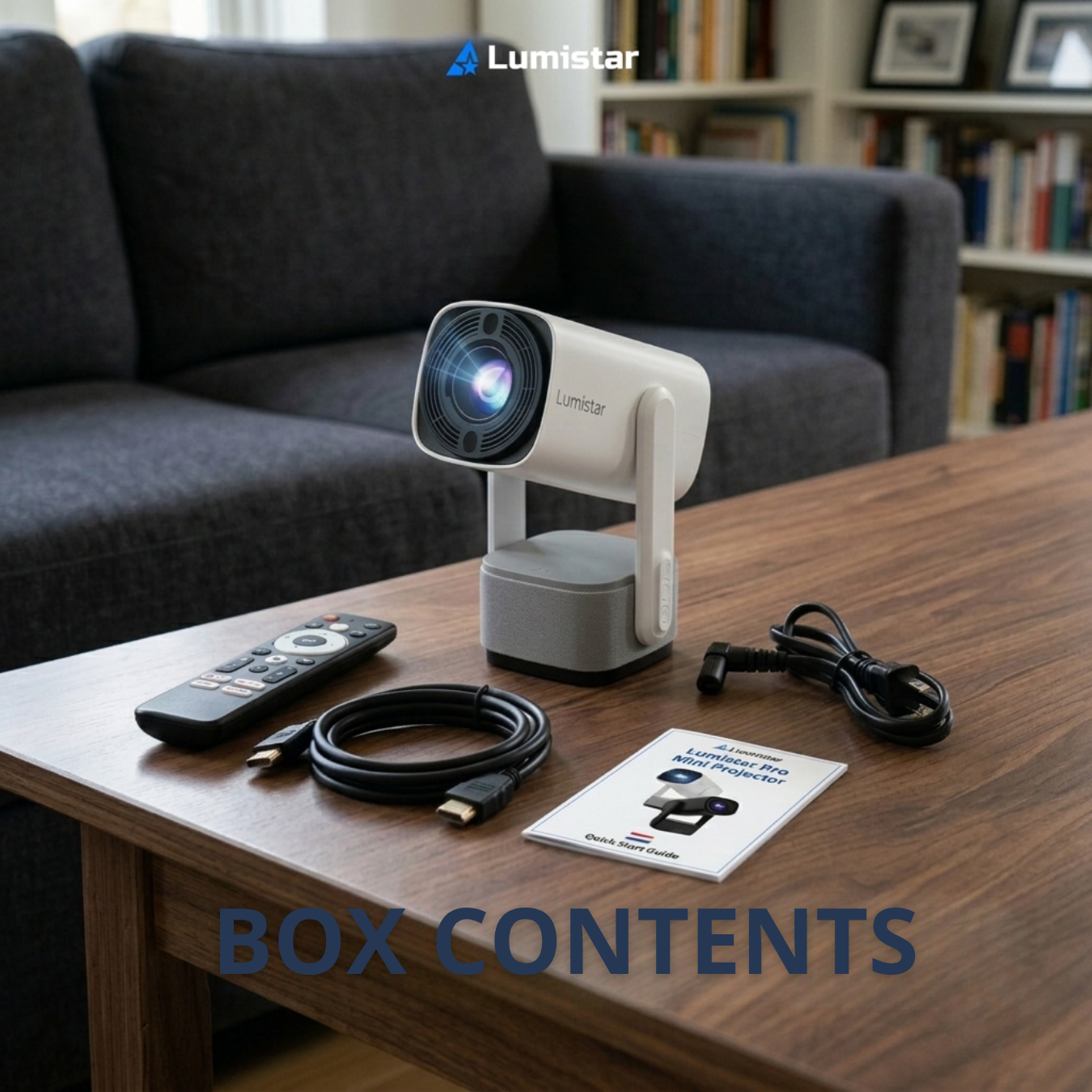 Un mini proyector Lumistar blanco, control remoto, cables y guía rápida en una mesa de madera.