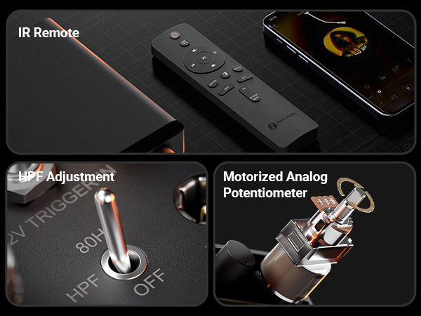 Drei Ansichten: eine Infrarotfernbedienung, ein HPF-Kippschalter und ein motorisiertes analoges Potentiometer.