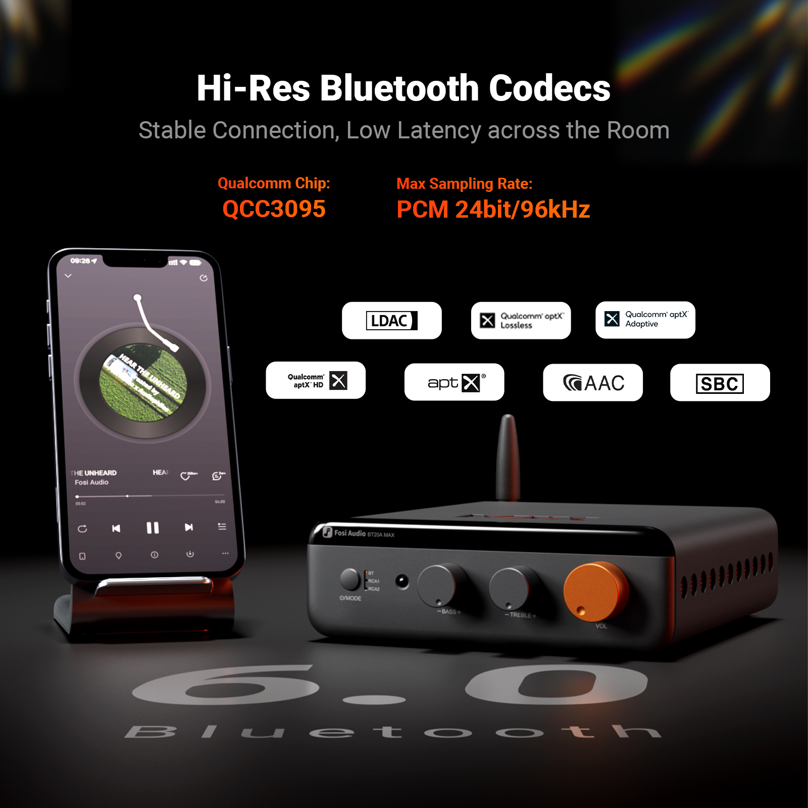 Smartphone und Audiogerät auf dunklem Hintergrund zeigen Hi-Res Bluetooth-Codecs und Funktionen.
