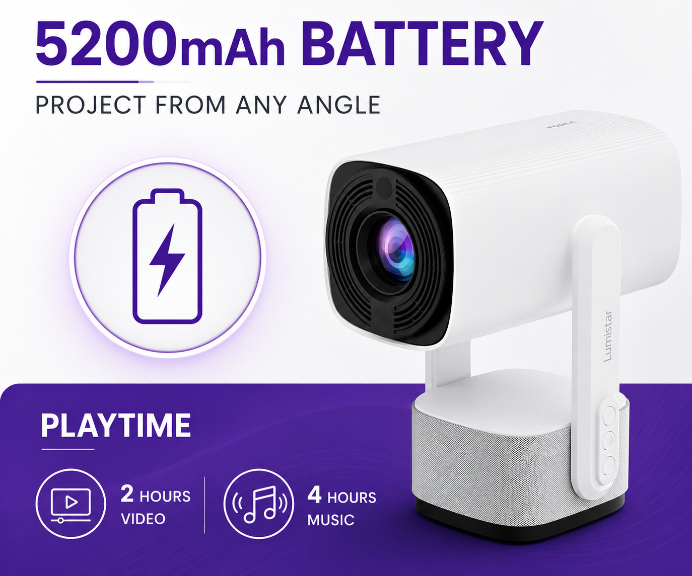 Proyector blanco Lumistar sobre fondo morado, destacando batería de 5200mAh y tiempo de reproducción.