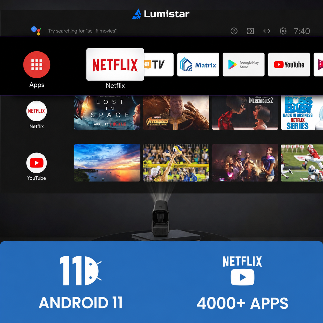 Lumistar Smart-TV-Oberfläche mit Apps, Filmen und Android 11.