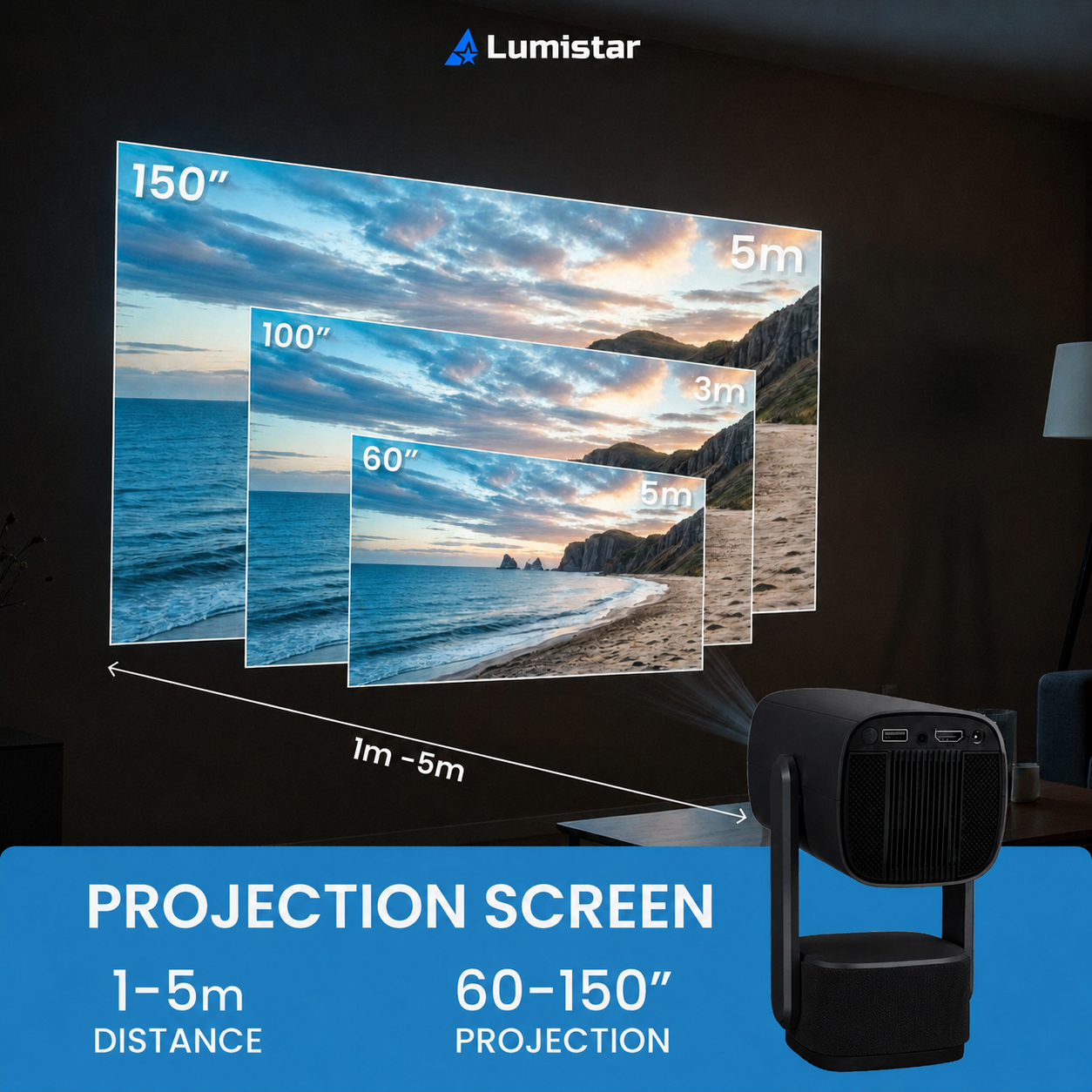 Lumistar Projektor zeigt Strandbilder in verschiedenen Größen von 60 bis 150 Zoll bei Entfernungen von 1 bis 5m.