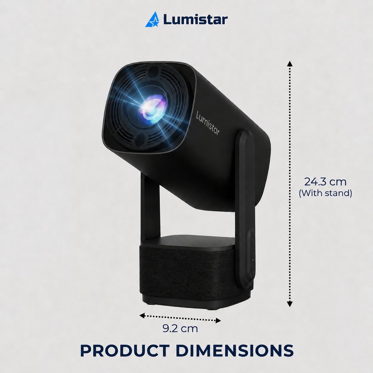 Lumistars schwarzer Projektor mit Ständer misst 24,3 cm in der Höhe und 9,2 cm in der Breite.
