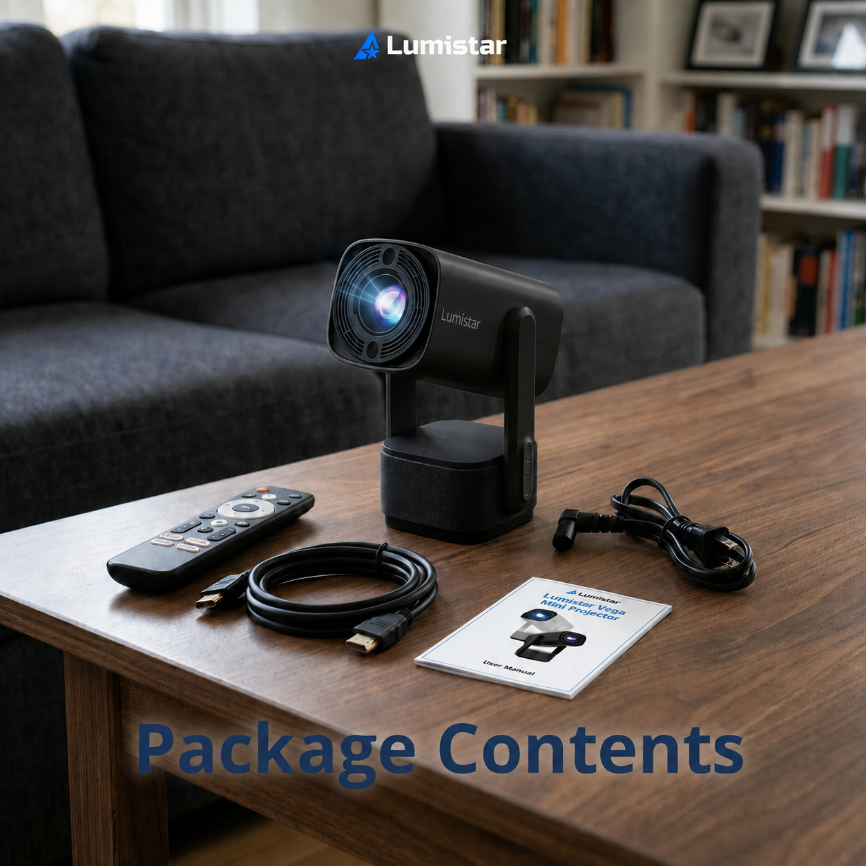 Un mini projecteur Lumistar, une télécommande, des câbles et un manuel sur une table.