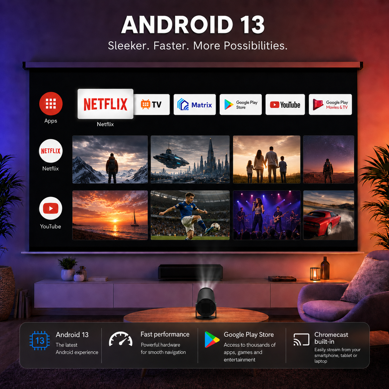 Ein Beamer zeigt Android 13 Benutzeroberfläche und Apps in einem gemütlichen Wohnzimmer.
