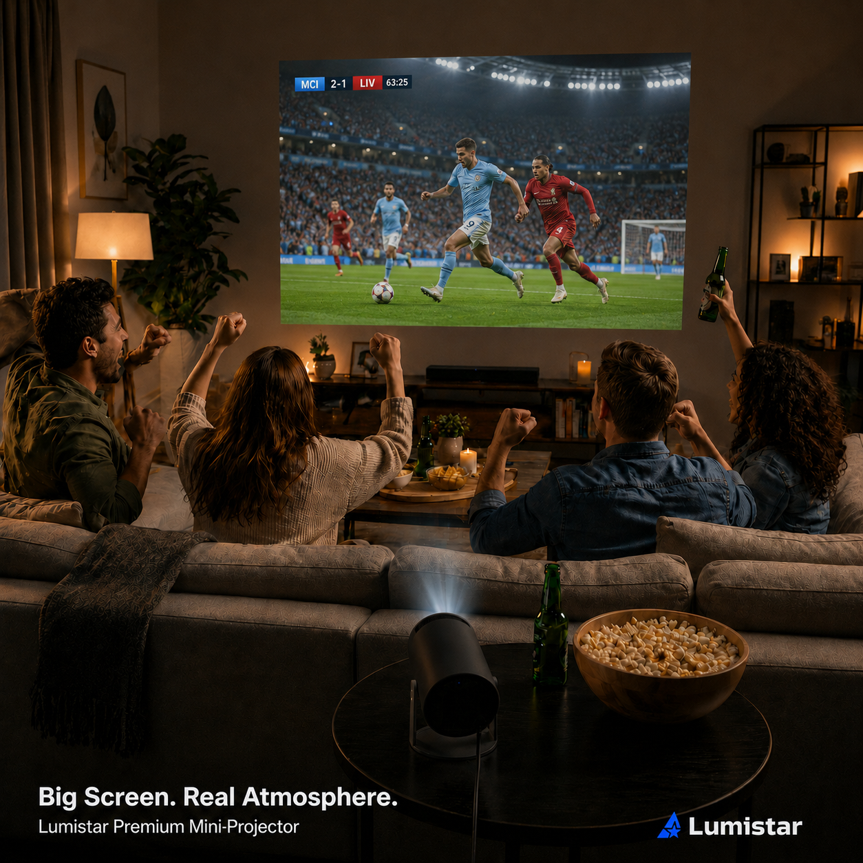 Freunde jubeln auf einem Sofa, während ein Fußballspiel an die Wand projiziert wird.