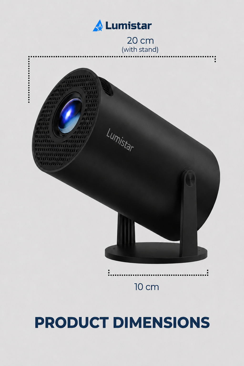 Schwarzer Lumistar Projektor auf einem runden Ständer mit Maßangaben von 20 cm und 10 cm.
