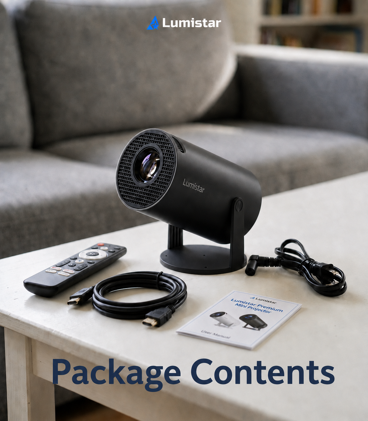 Un mini projecteur Lumistar noir avec télécommande, câble HDMI, cordon d'alimentation et manuel sur une table.