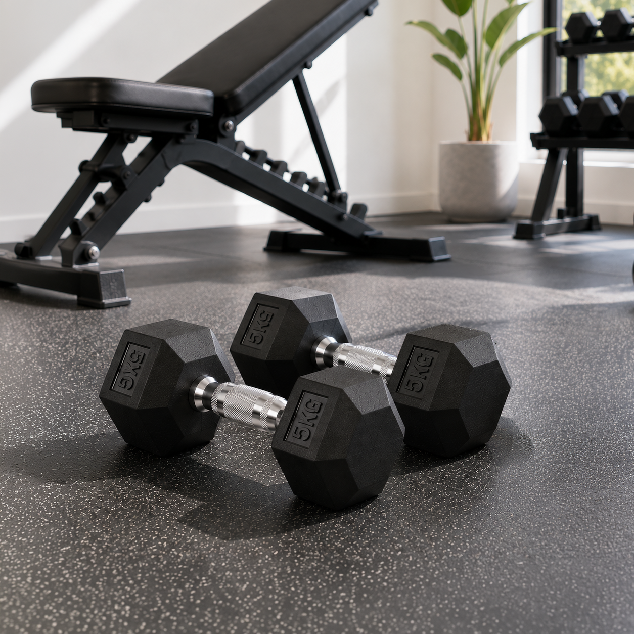Dos mancuernas de 5 kg sobre el suelo de goma de un gimnasio, con un banco y una planta al fondo.