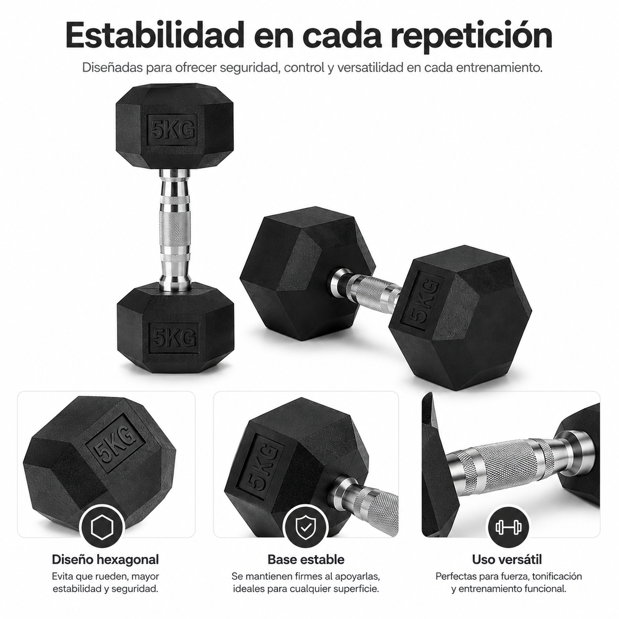 Dos mancuernas negras de 5kg con cabezas hexagonales y mangos moleteados sobre fondo blanco con primeros planos.