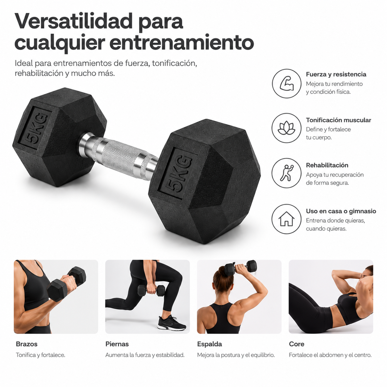 Una mancuerna de 5 kg y cuatro fotos de mujeres haciendo ejercicios para brazos, piernas, espalda y abdomen.
