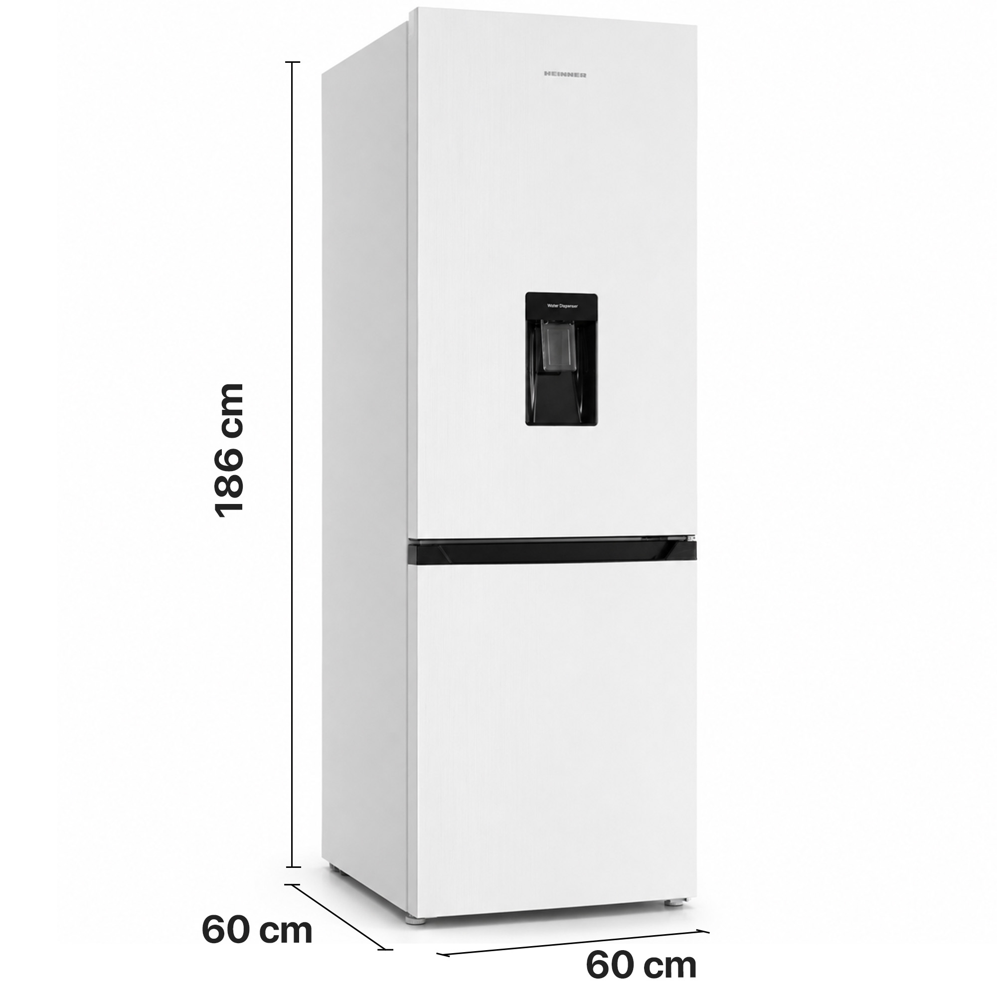 Ein weißer Kühlschrank mit Wasserspender, 186 cm hoch, 60 cm breit und 60 cm tief.