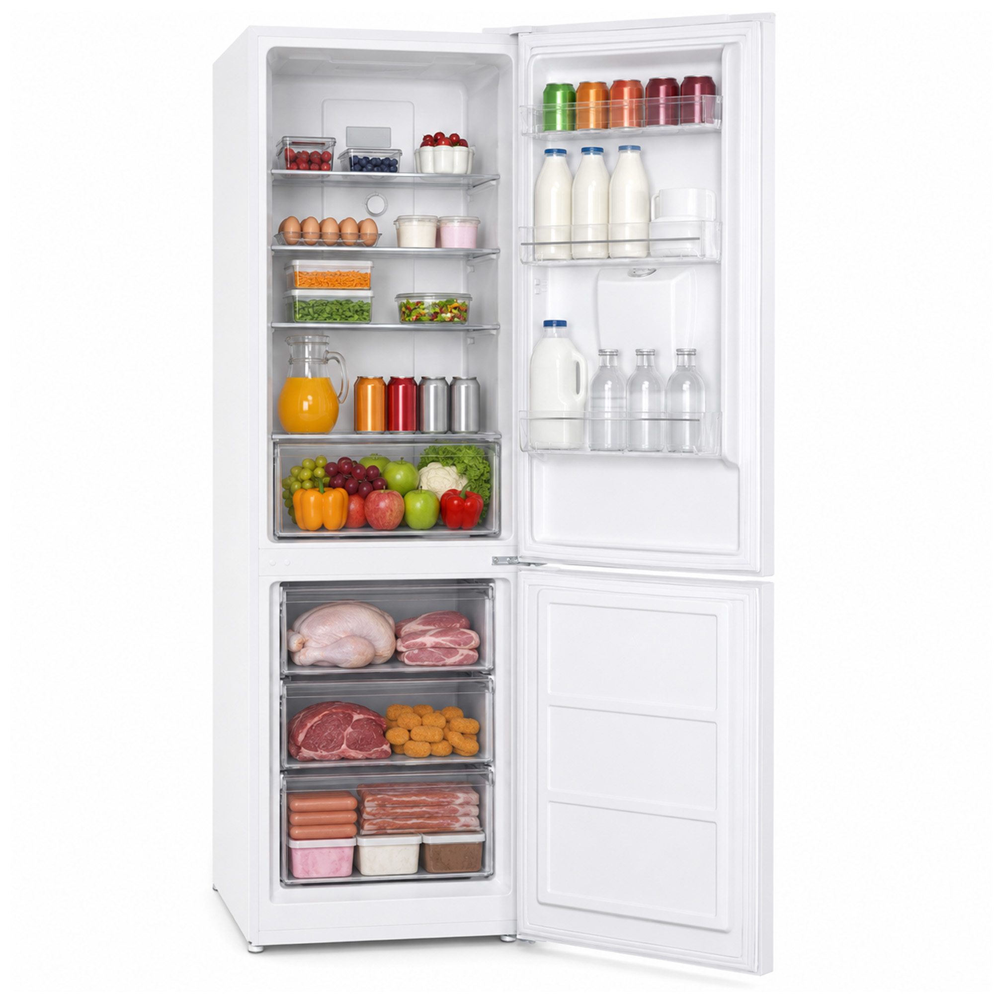 Ein offener weißer Kühlschrank, voll mit Getränken, frischem Obst, Gemüse, Milchprodukten und Fleisch.