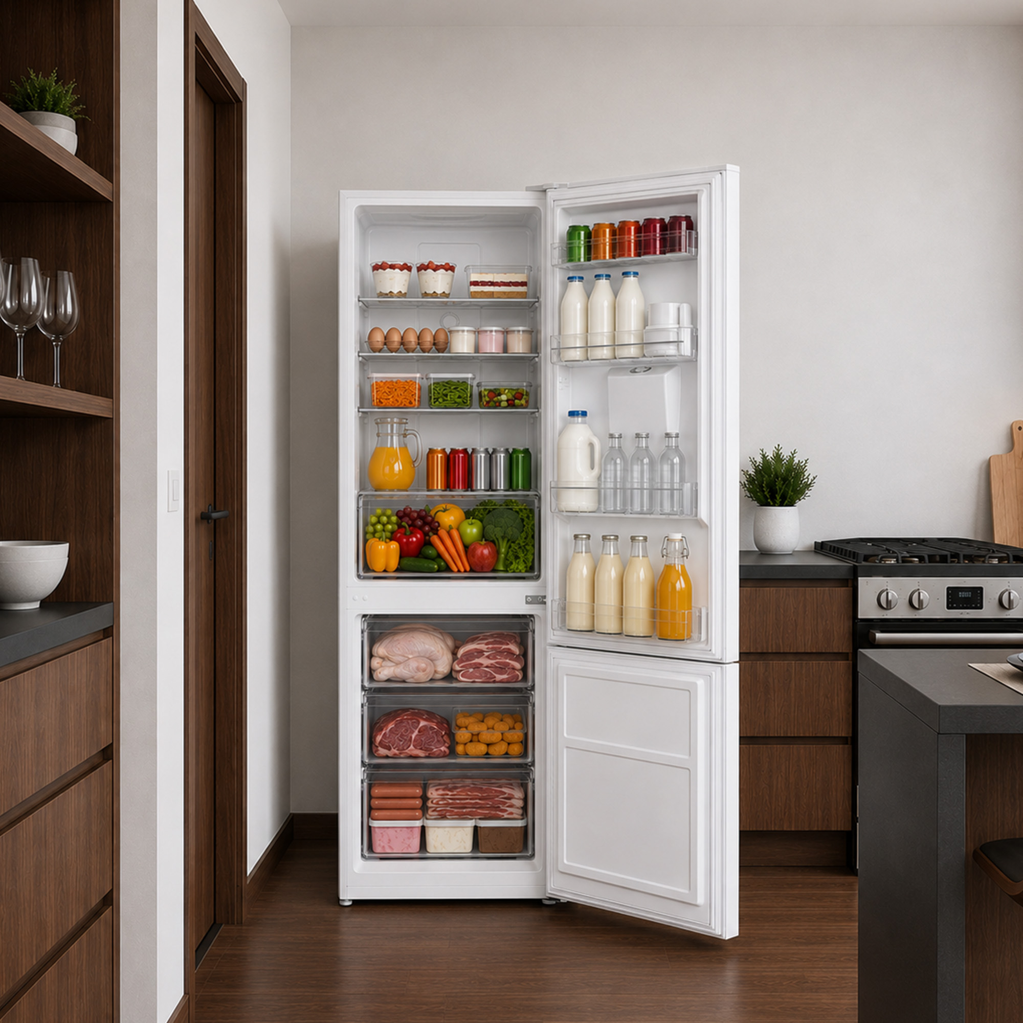 Ein weißer offener Kühlschrank in einer Küche, gefüllt mit frischem Gemüse, Getränken, Fleisch und Milchprodukten.