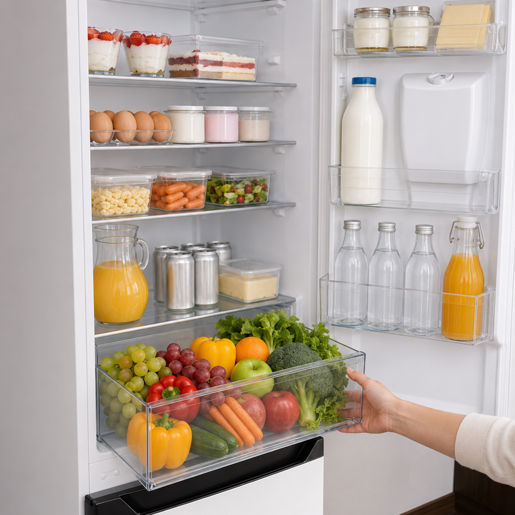 Ein vollgepackter Kühlschrank mit Milchprodukten, Getränken und einer offenen Gemüseschublade voller Obst und Gemüse.