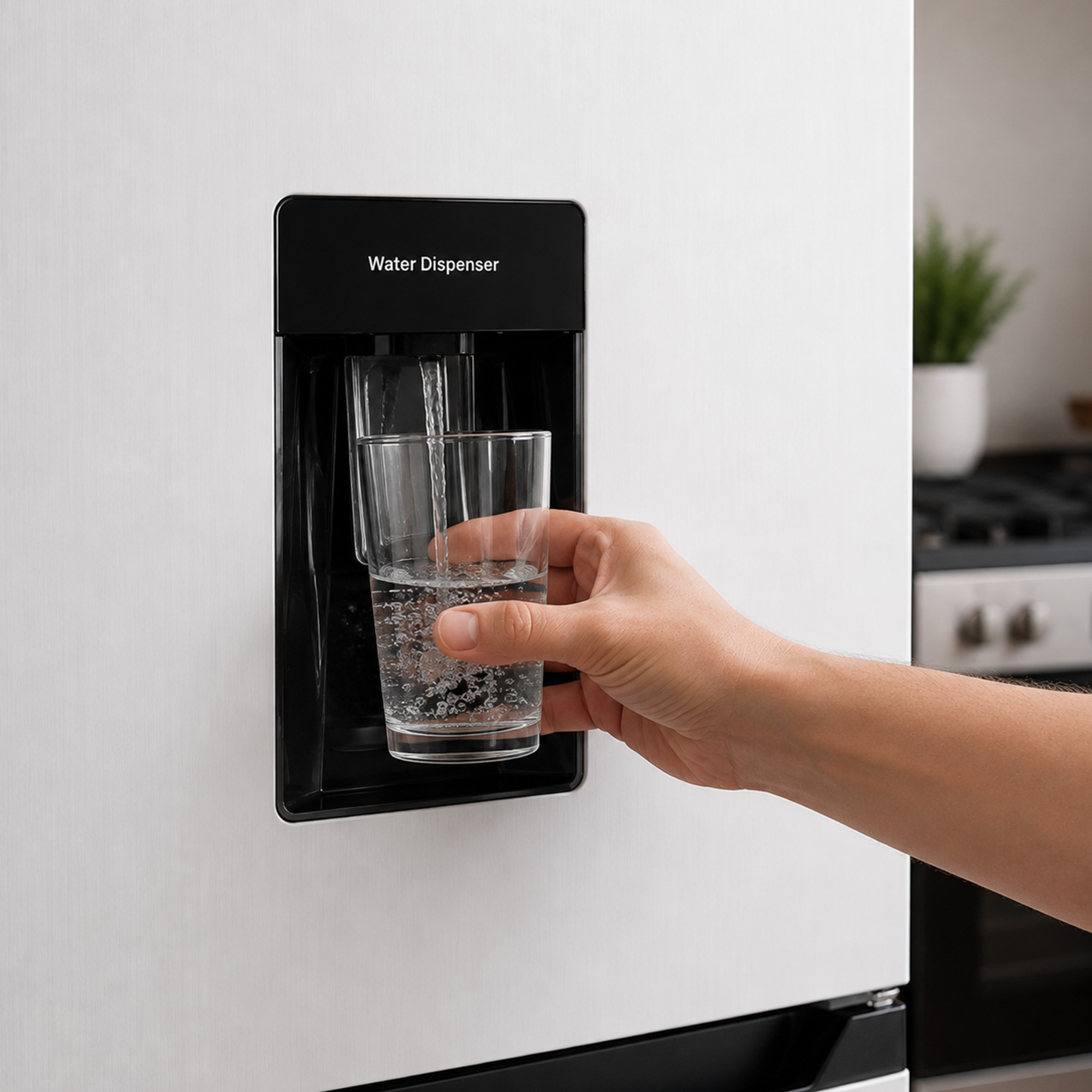 Eine Hand füllt ein Glas mit Wasser an einem Kühlschrank-Wasserspender.