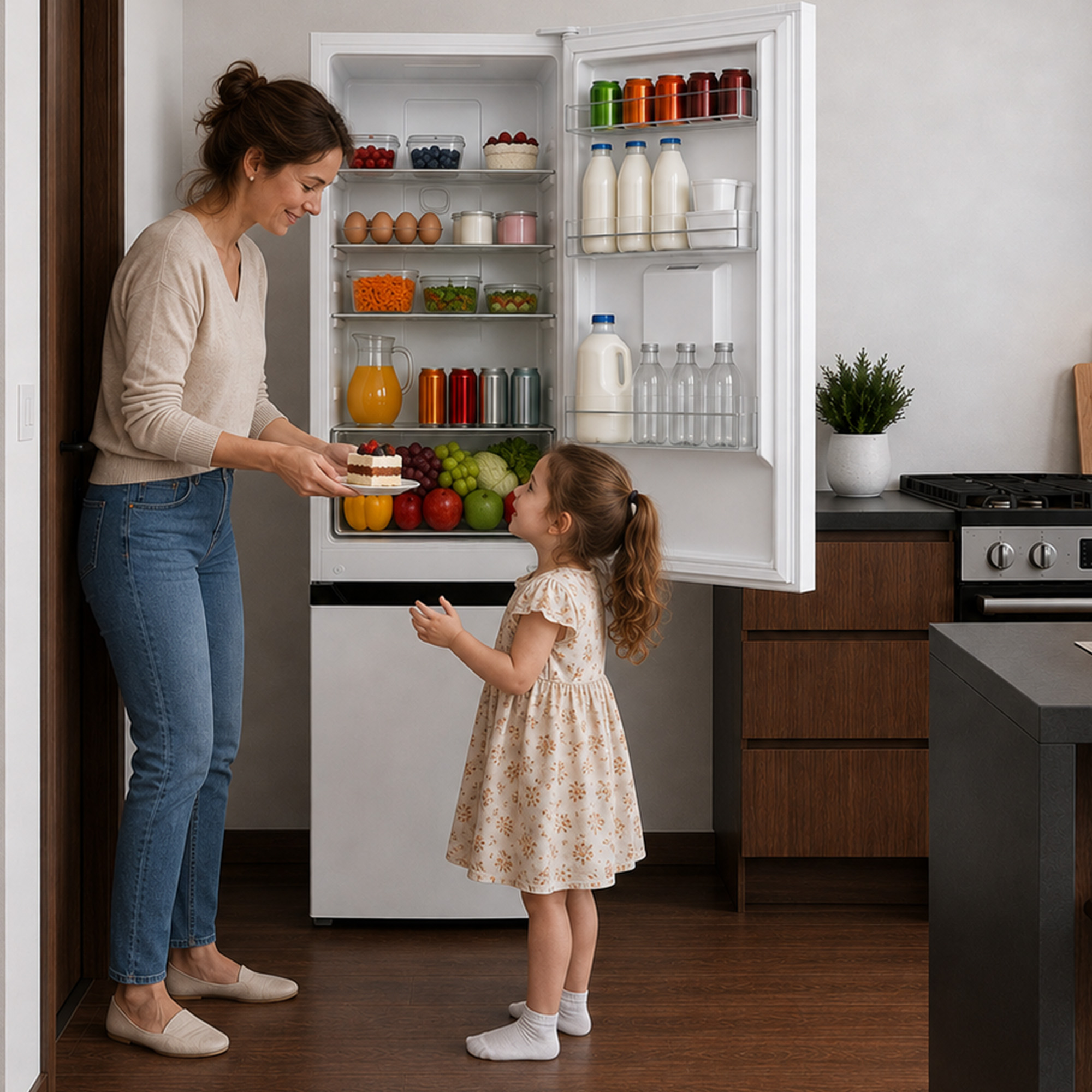 Eine Frau gibt einem kleinen Mädchen in der Küche vor einem gut gefüllten Kühlschrank ein Stück Kuchen.