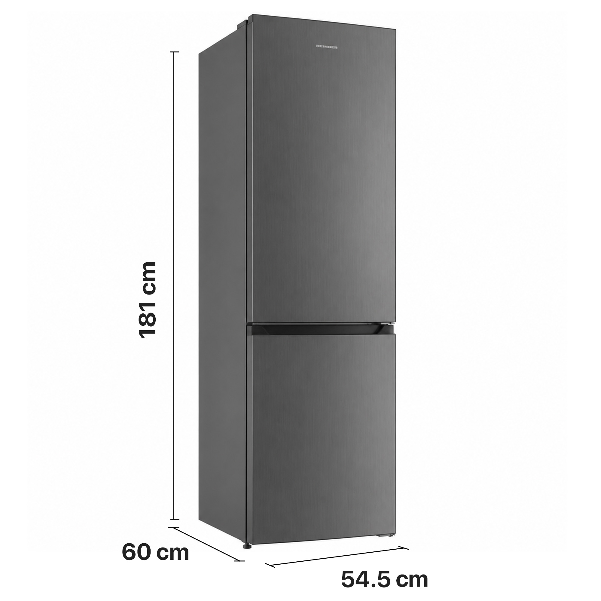 Dark gray Heinner refrigerator with dimensions: 181 cm high, 54.5 cm wide, 60 cm deep on a white background.