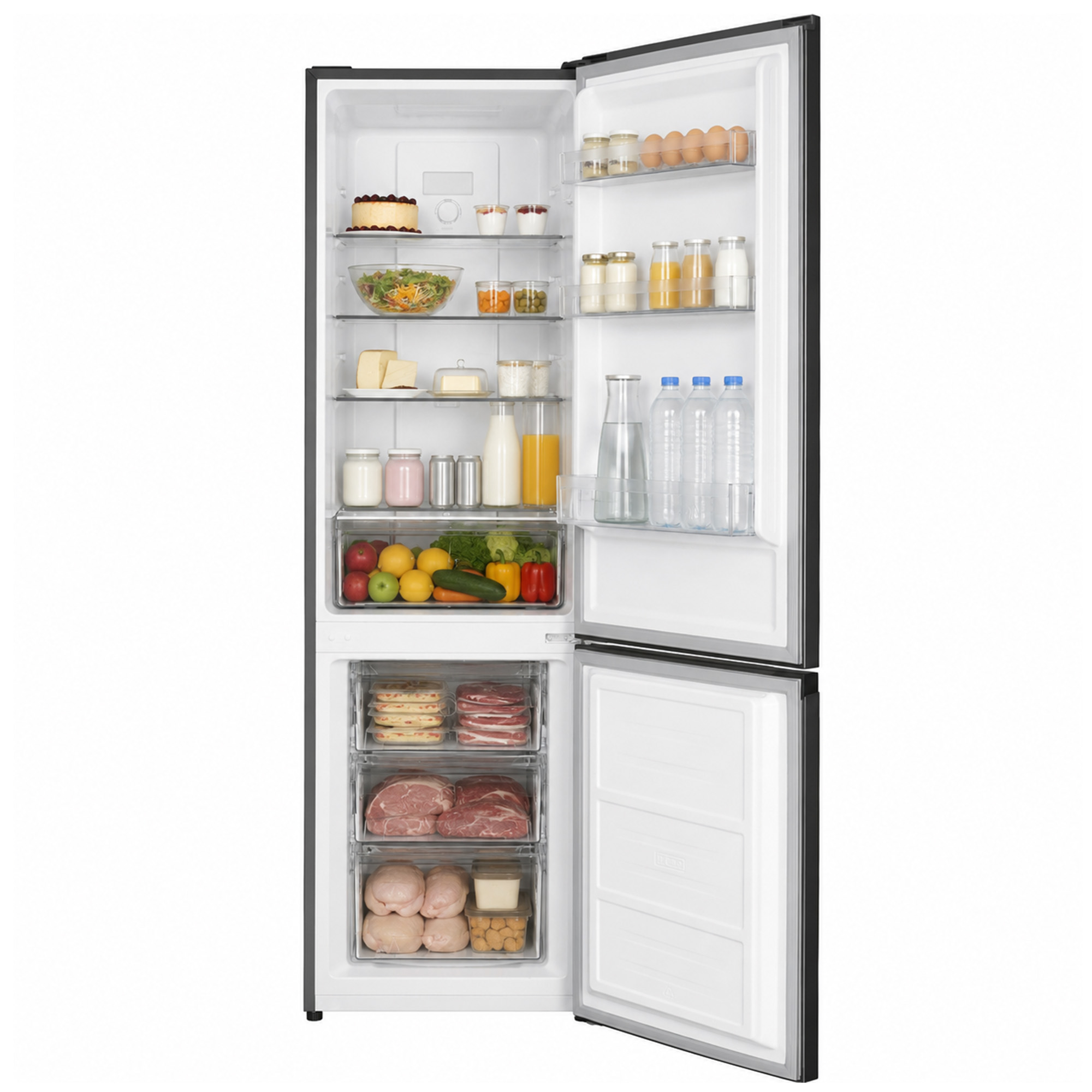 An open modern refrigerator filled with fresh food, dairy, drinks, fruits, vegetables, and meat in drawers.