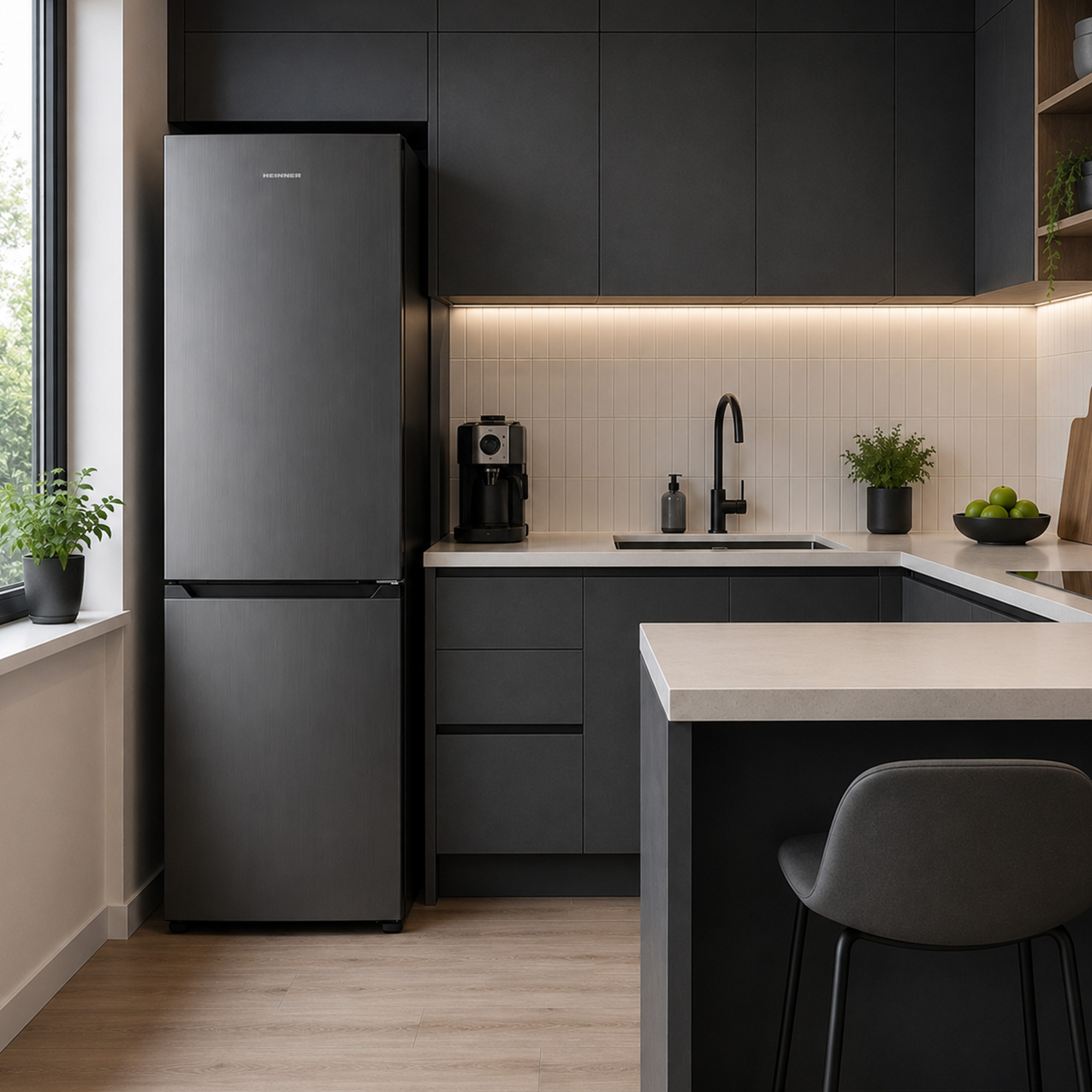 Modern kitchen featuring dark grey cabinets, a black refrigerator, white countertops, and a kitchen island with a chair.