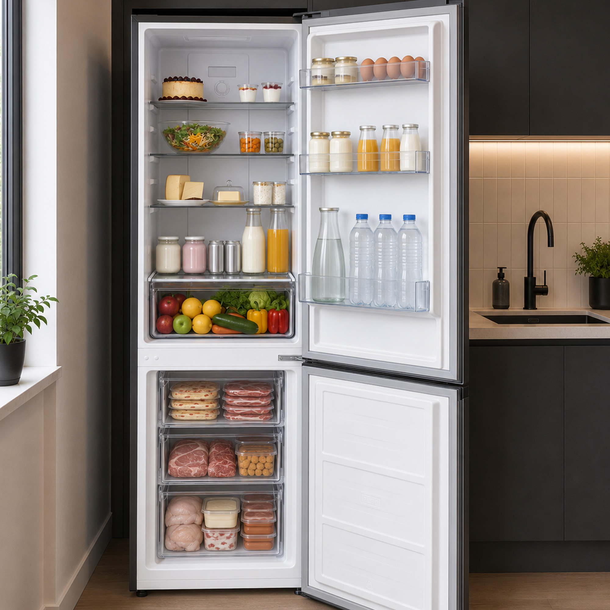 An open, fully stocked refrigerator filled with fresh food, vegetables, and bottles in a modern kitchen.