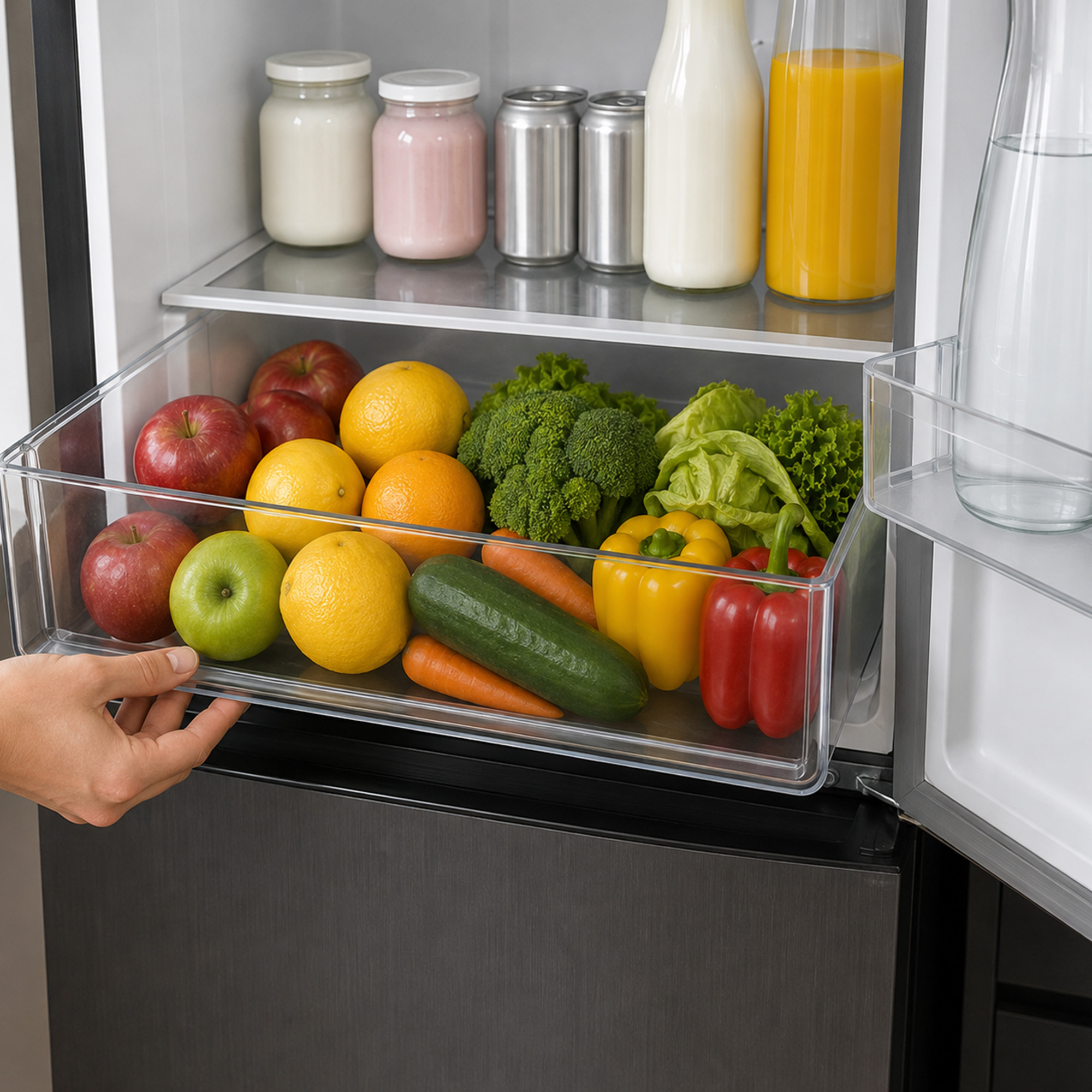 A hand opens a refrigerator drawer filled with fresh apples, oranges, broccoli, carrots, peppers, and leafy greens.