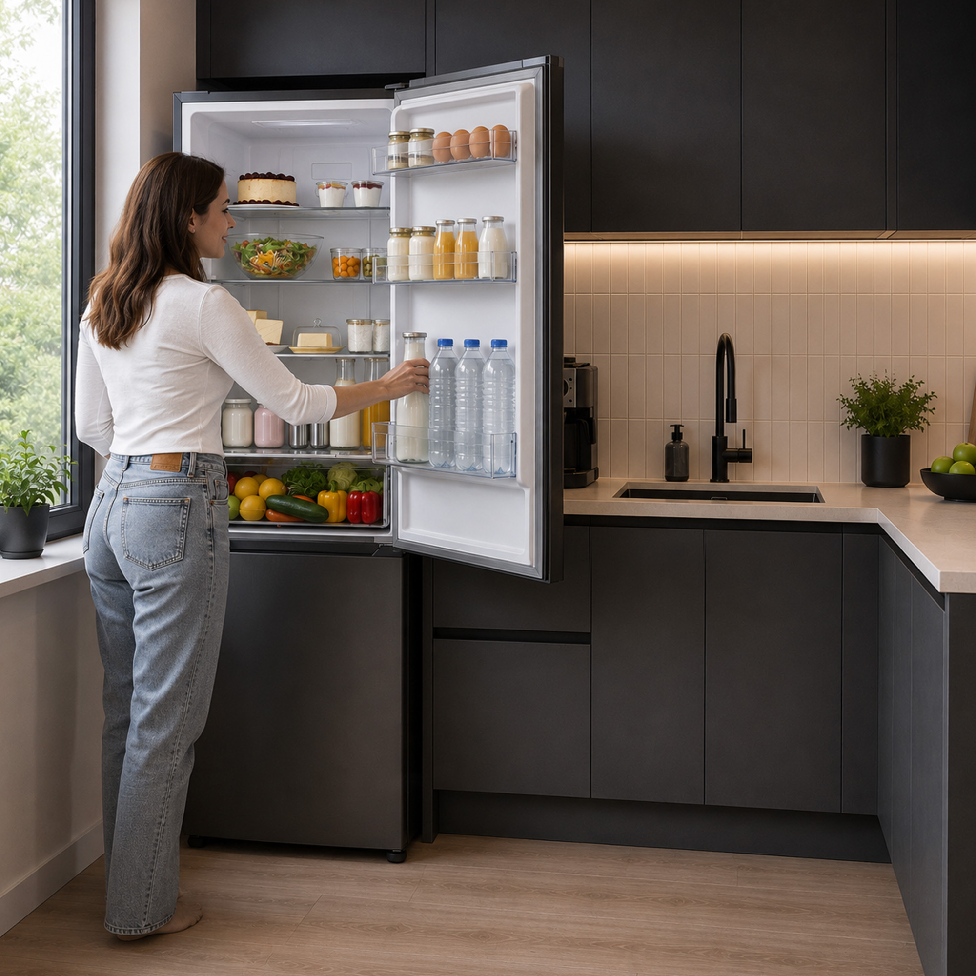 A woman in a white top and jeans opens a well-stocked refrigerator in a modern kitchen.